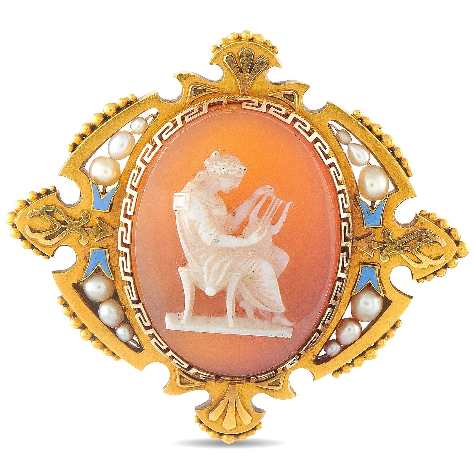 Antique 18K Yellow Gold Agate Pearl Victorian Cameo Brooch: This antique Victorian brooch is crafted in 18K yellow gold and centers on a hand-carved agate cameo depicting a seated figure with a lyre, framed by a Greek key border. Natural pearls and blue enamel