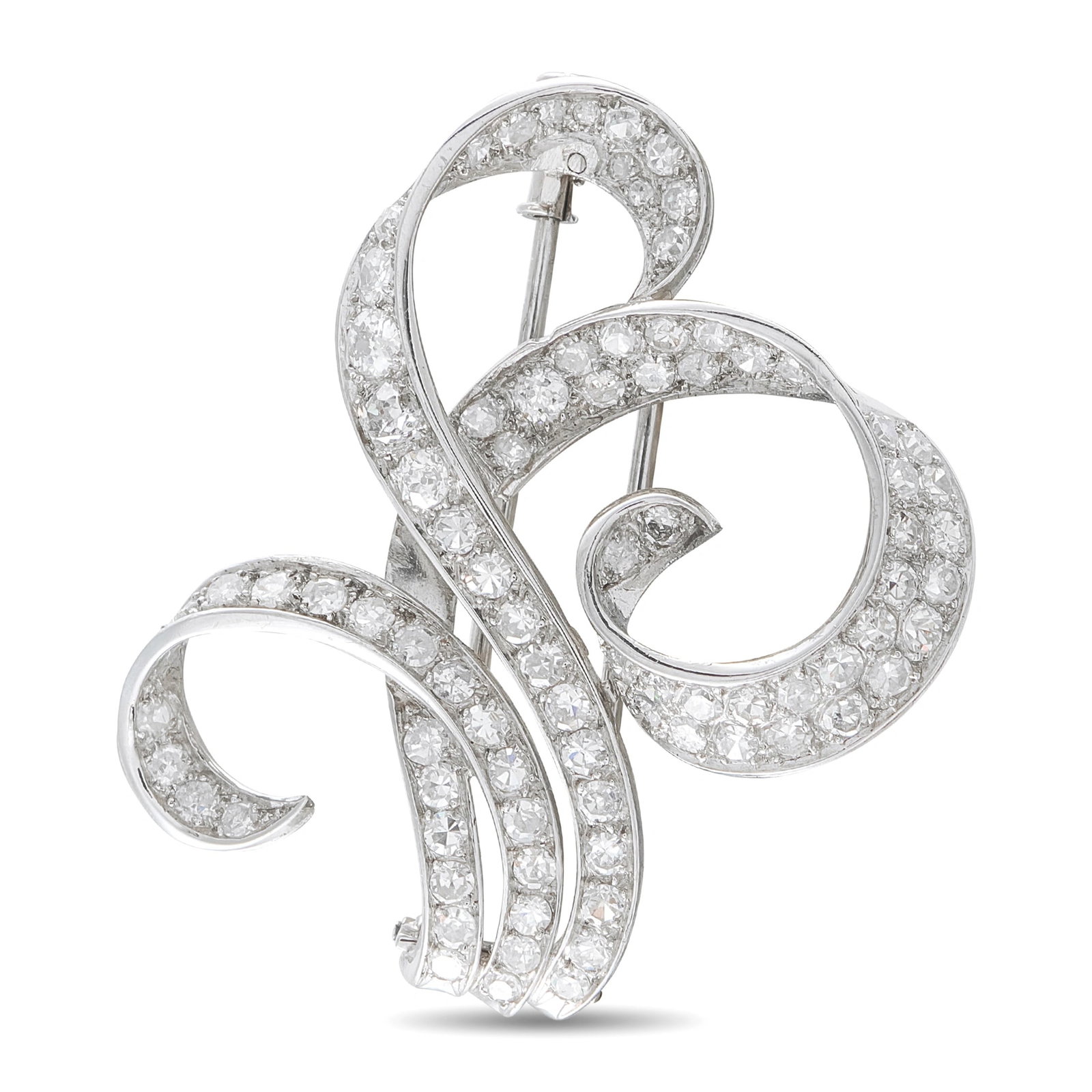 Antique 18K White Gold 4.85ct Diamond Brooch: This brooch is an antique-style swirling ribbon design crafted in 18K white gold, pave-set throughout with round diamonds totaling approximately 4.85 carats. The sculptural scrolled motif creates a se
