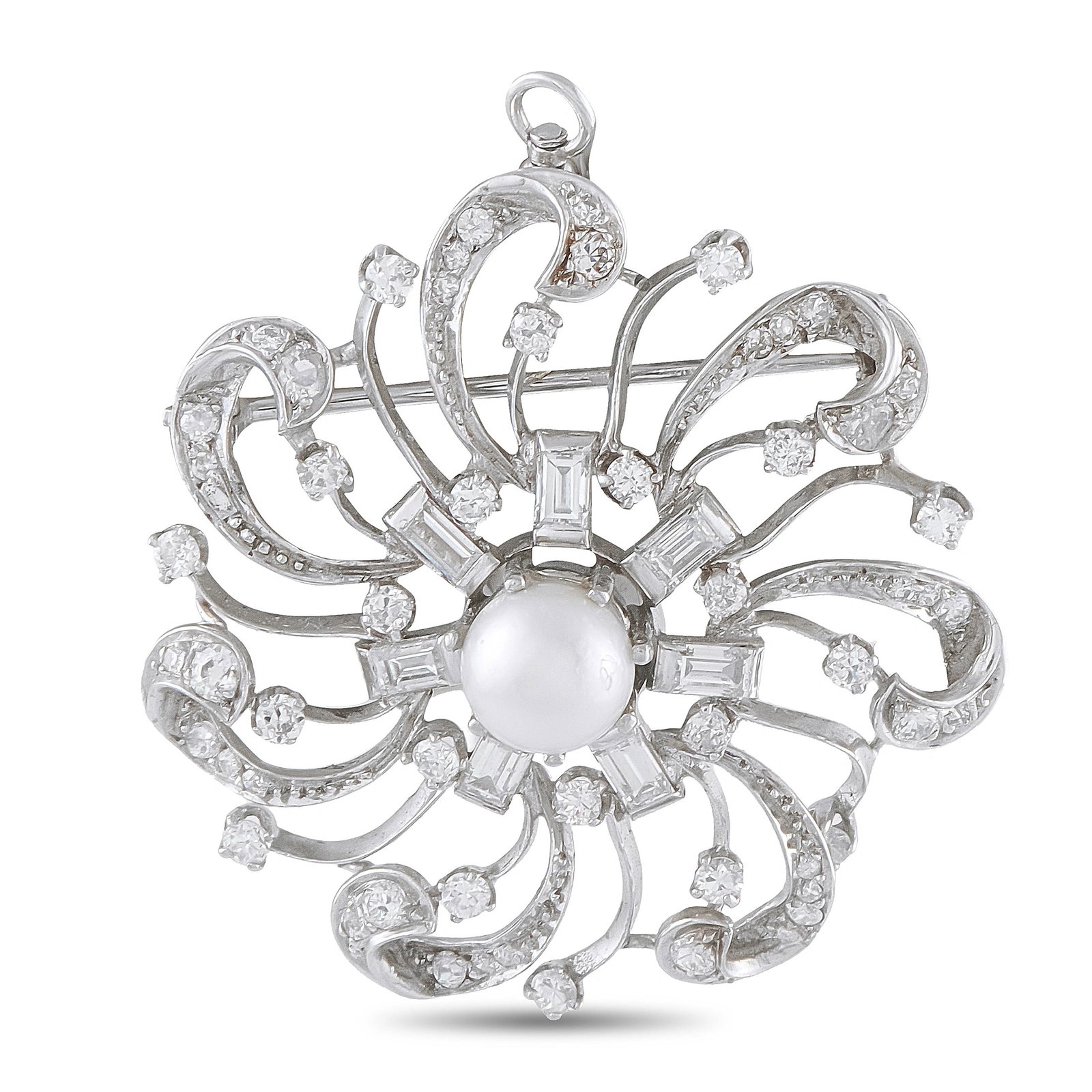 Platinum 2.10ct Diamond Pearl Swirl Brooch: A magnificent platinum scrollwork brooch featuring a central 7.6mm pearl surrounded by round brilliant and baguette diamonds in an elegant swirling openwork design. The sinuous platinum ribbons radiat