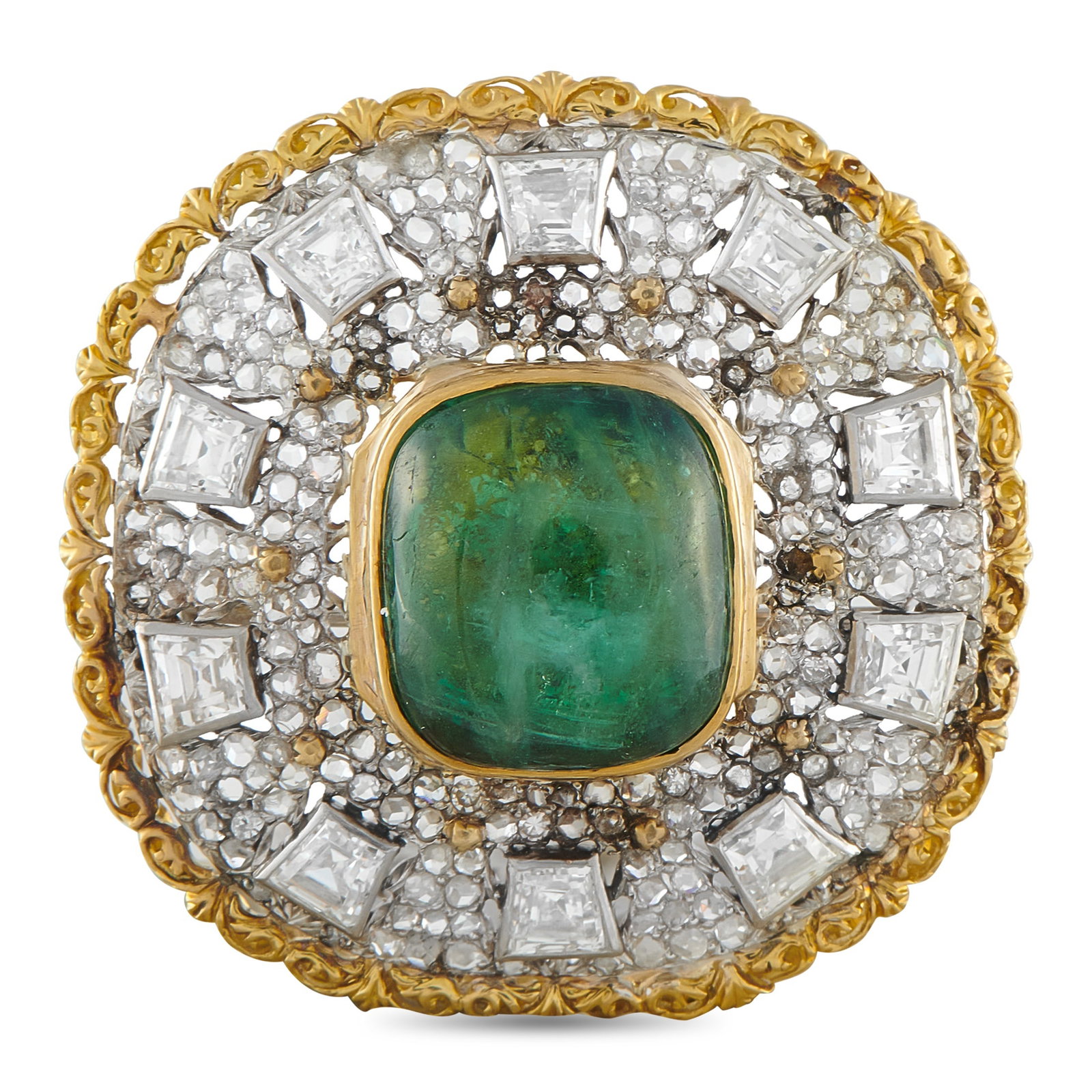 18K Yellow Gold 4.25ct Diamond and Tourmaline Brooch: This brooch will add a touch of timeless luxury to any ensemble. Crafted from 18K Yellow Gold, the delicate metalwork is elevated by Diamonds with a total weight of 4.25 carats. A 9.0 carat Tourmaline