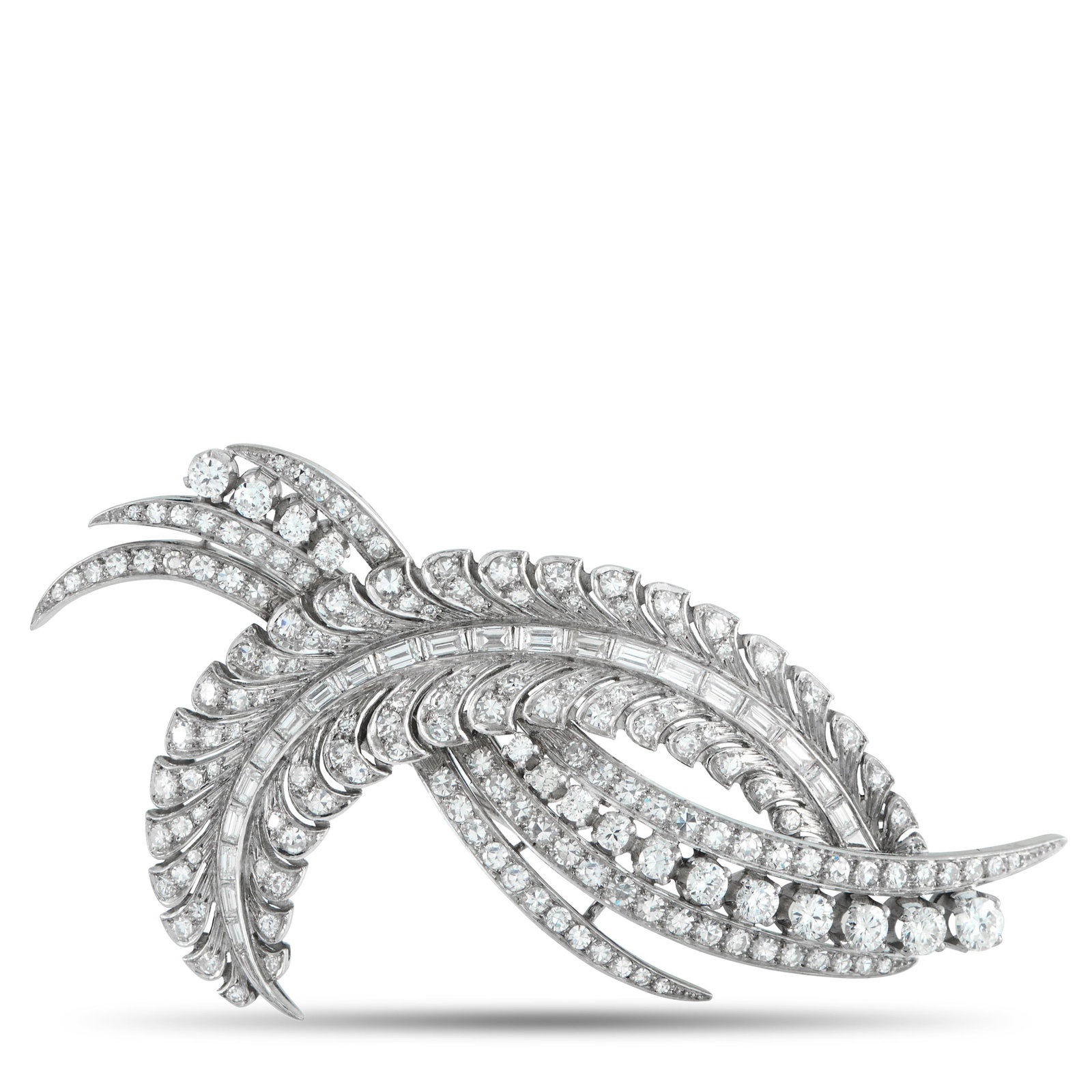 Platinum 5.25ct Diamond Brooch: This luxury brooch will add sparkle and sophistication to any ensemble. Set in Platinum, Diamonds with a total weight of 5.25 carats allow it to effortlessly catch the light. It measures 1.50”