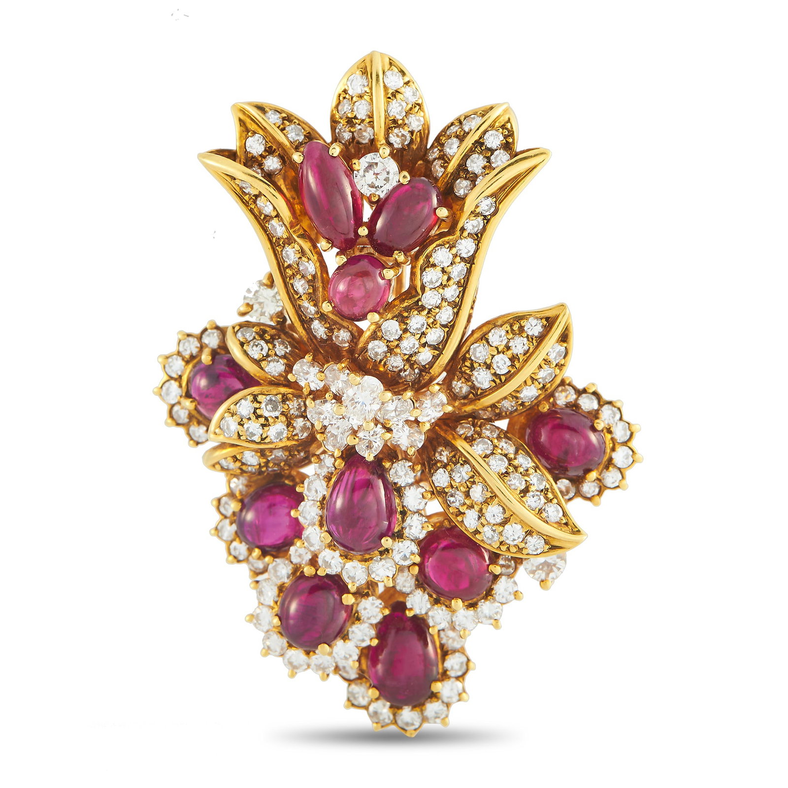 18K Yellow Gold 2.65ct Diamond and Ruby Brooch: This radiant brooch will instantly add a touch of luxury to any ensemble. Set in 18K Yellow Gold, Diamonds with a total weight of 2.65 carats provide dazzling sparkle. Ruby cabochons with a total weig