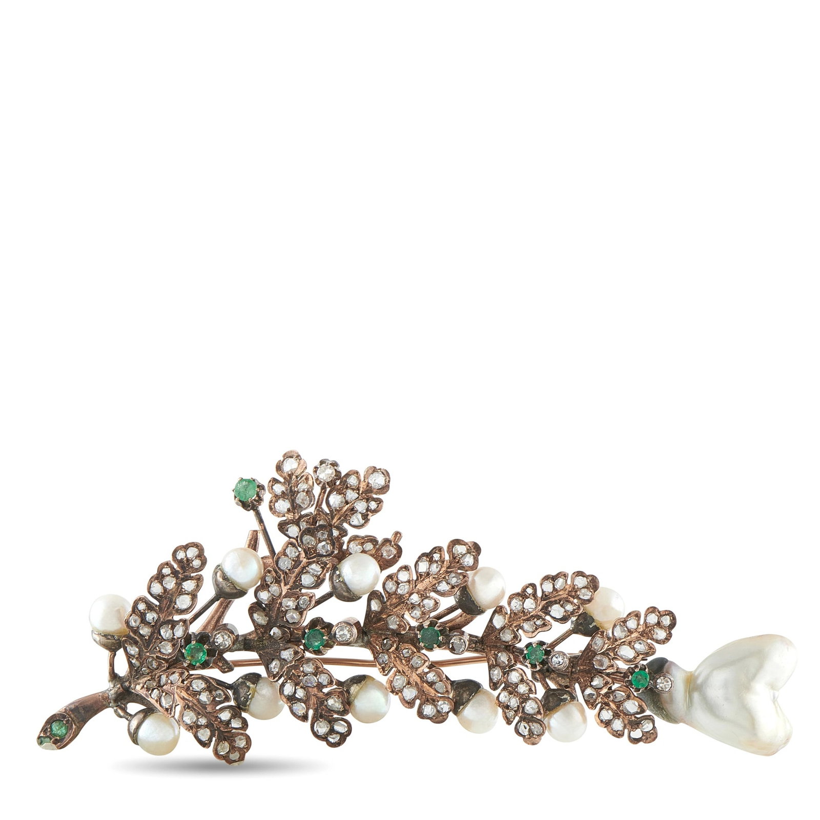 Antique 14K Rose Gold and Silver Rose-Cut Diamond, Emerald, and Pearl Leaf Brooch: This antique Victorian-style brooch is crafted in 14K rose gold and silver in the form of a flowering oak branch, set throughout with rose-cut diamonds and round emeralds and accented with natural pea