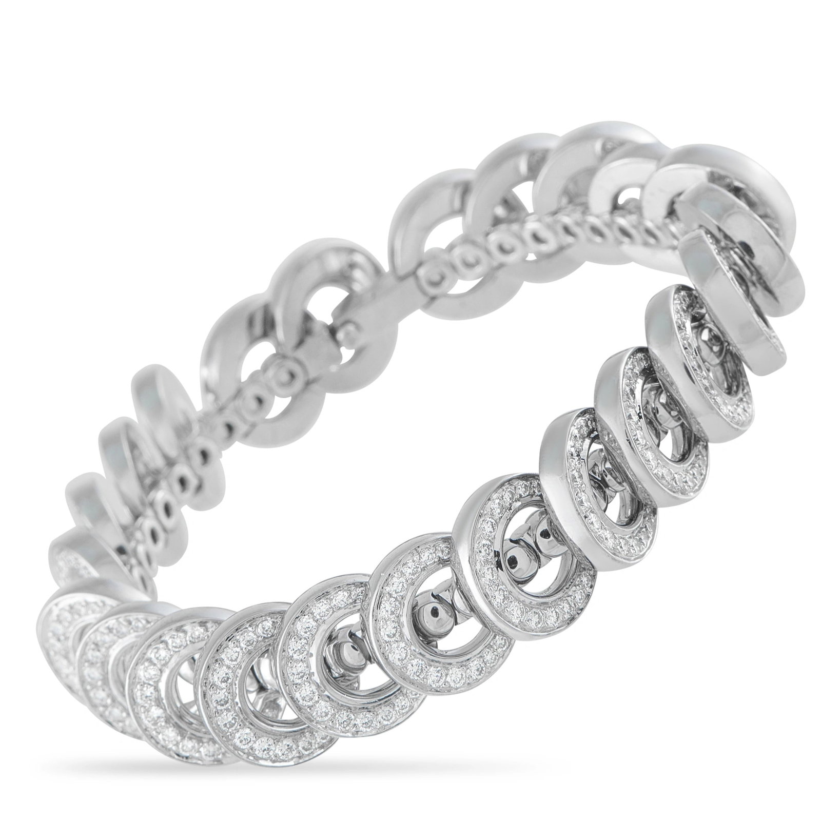 Cartier Infiniti 18K White Gold 3.68ct Diamond Bracelet: This estate Cartier Infiniti bracelet is crafted in 18k white gold and set with pave round brilliant-cut diamonds totaling approximately 3.68 carats, arranged in a scalloped, interlocking crescent mot