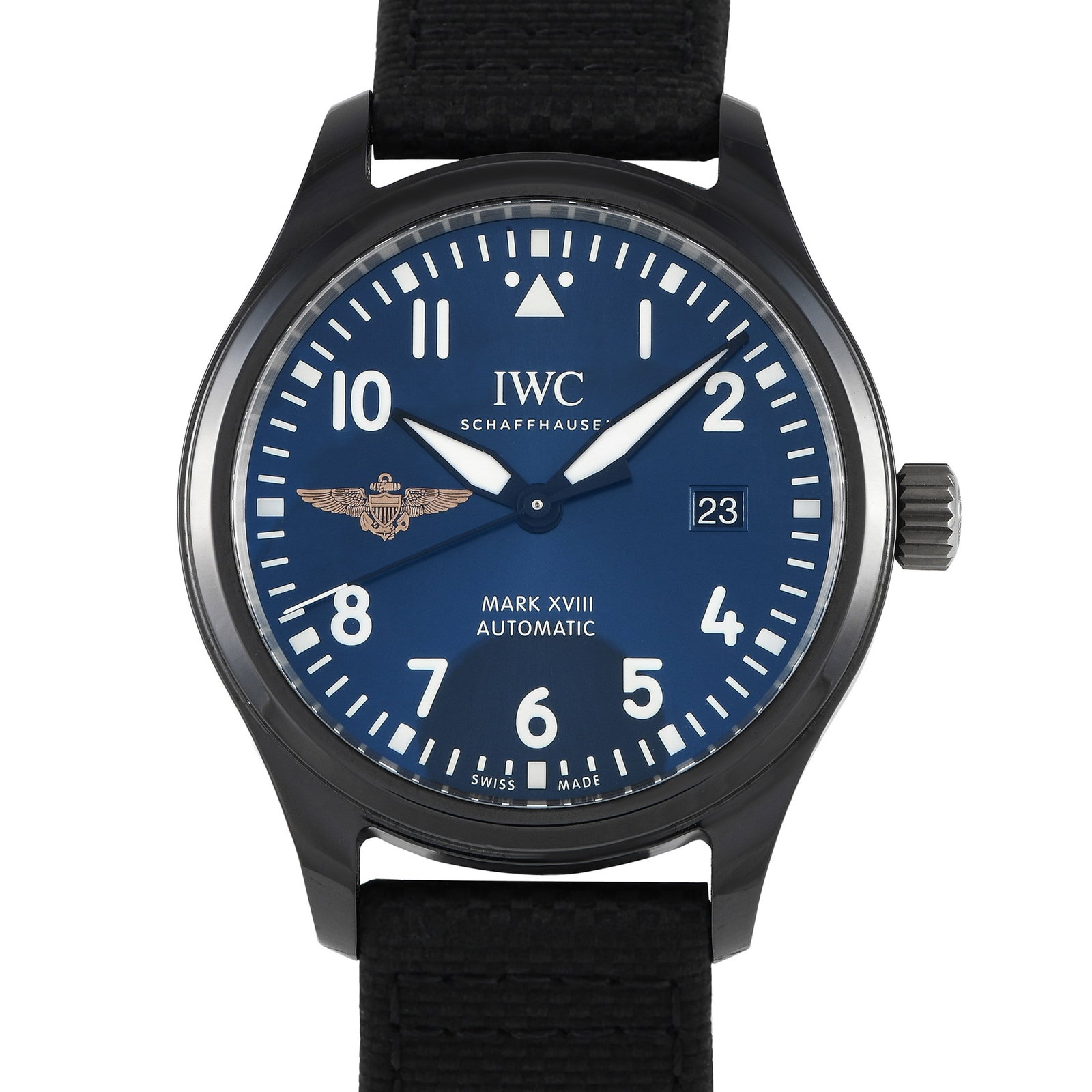 IWC Pilot's Mark XVIII Wings of Gold Watch: A stunning, easy-to-love modern watch. IWC's Pilot's Watch Mark XVIII has an attractive blue dial framed by a flawlessly finished black ceramic case on a black textile strap. The case measures 41mm in