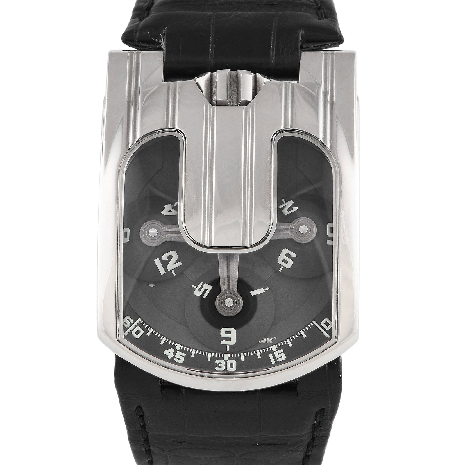 Urwerk UR-103.07 18K White Gold Watch: The Urwerk UR-103.07 is a prime example of avant-garde watchmaking, showcasing the brand's innovative approach to time display. This 18k white gold watch measures 50mm x 36mm, showcasing Urwerk's sign