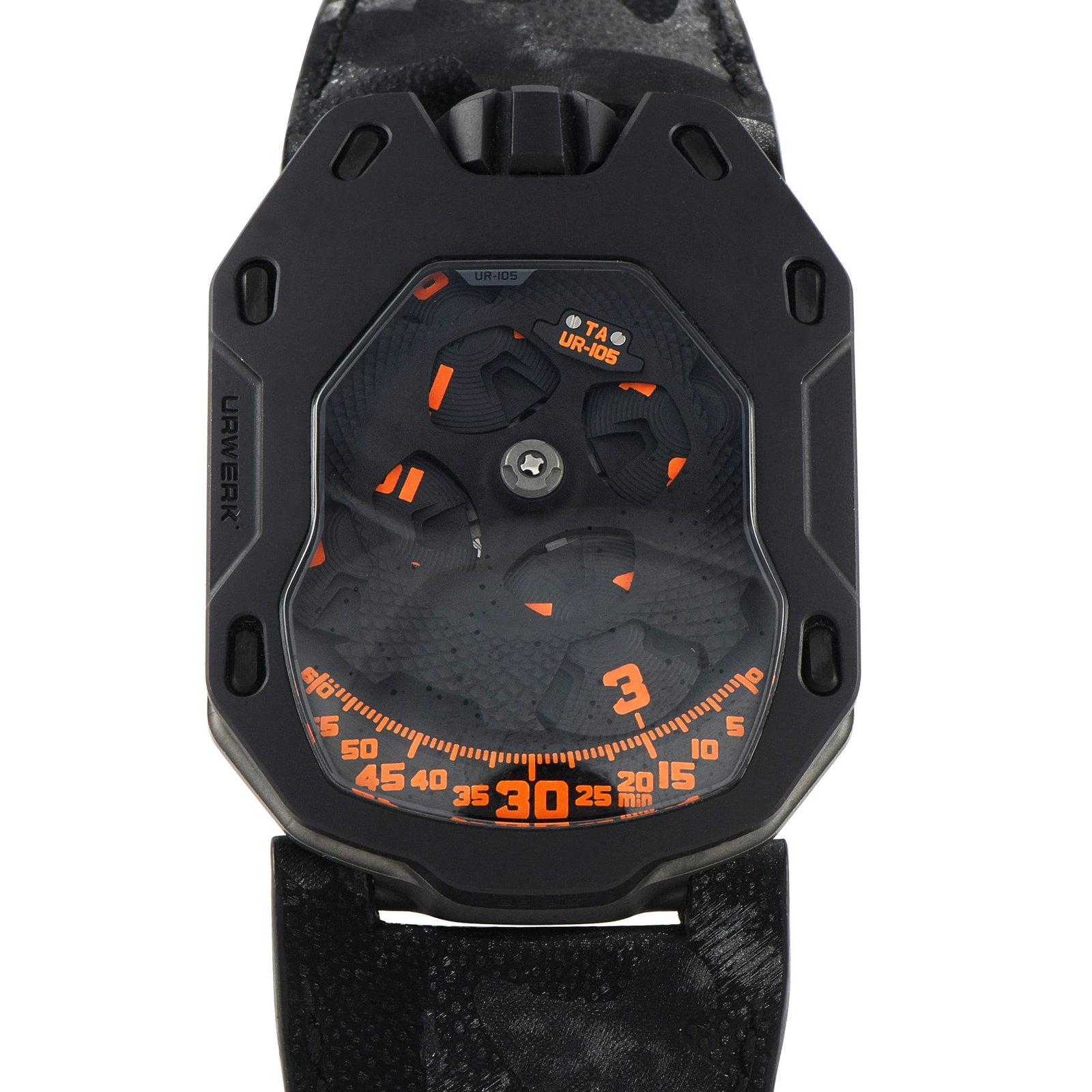 Urwerk Clockwork Orange Watch: Big and bold in design yet light and easy on the wrist. The Urwerk UR-105TA Clockwork Orange has a 39.5mm-wide case in titanium paired with a black PVD-coated steel bezel. It is designed with a black 