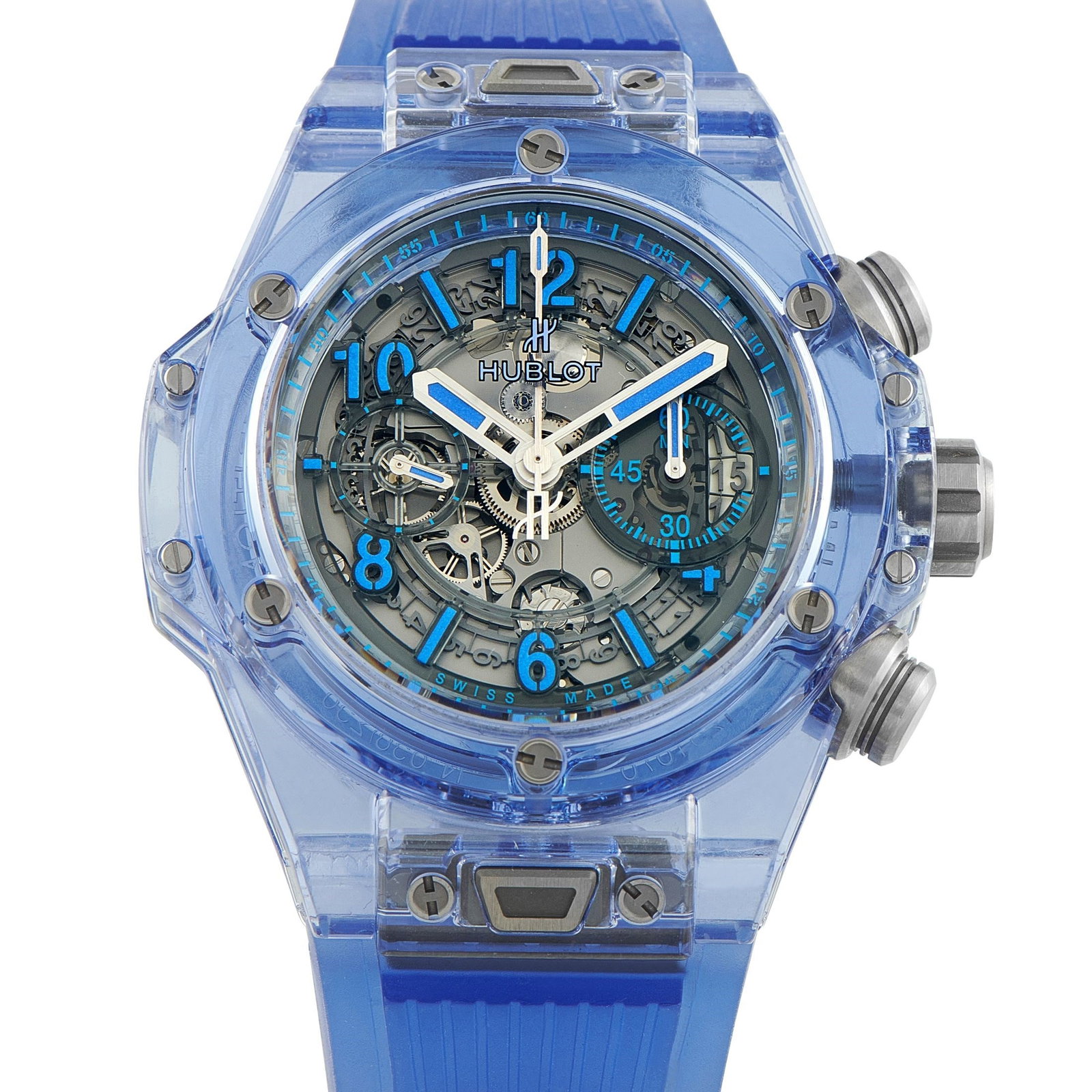 Hublot Big Bang Unico Blue Sapphire Watch: A limited-edition model of just 250 pieces, the Hublot Big Bang Unico Blue Sapphire ref. 411.JL.4809.RT comes carved from polished blue sapphire crystal. Its skeleton dial, transparent resin with appl