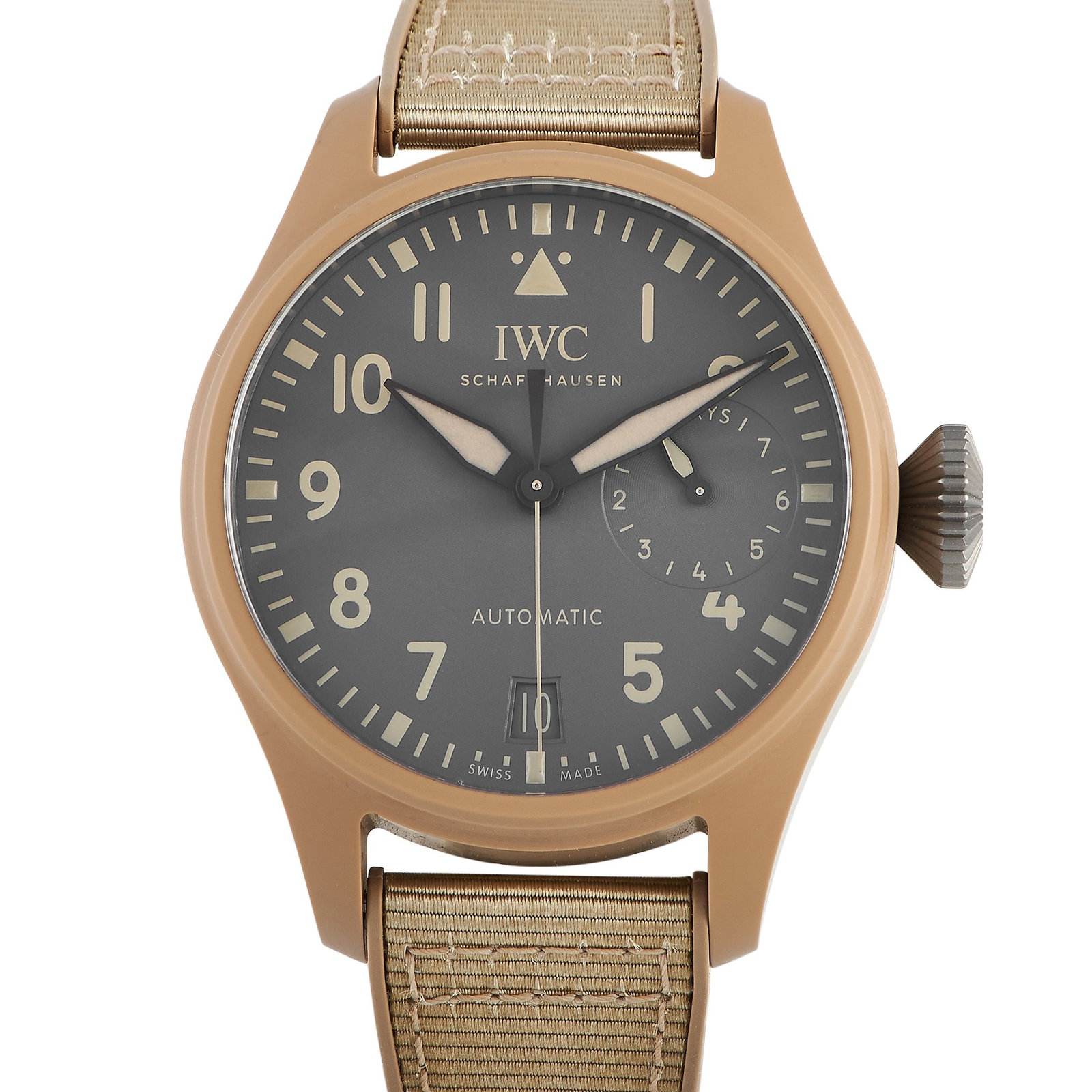 IWC Big Pilot's Top Gun Edition Mojave Desert Watch: Inspired by a famous American desert, this Big Pilot watch bears a 46mm matte ceramic case in a 'sandy' color. The caseback is in titanium like the oversized screw-down crown. The dial is in a darker 
