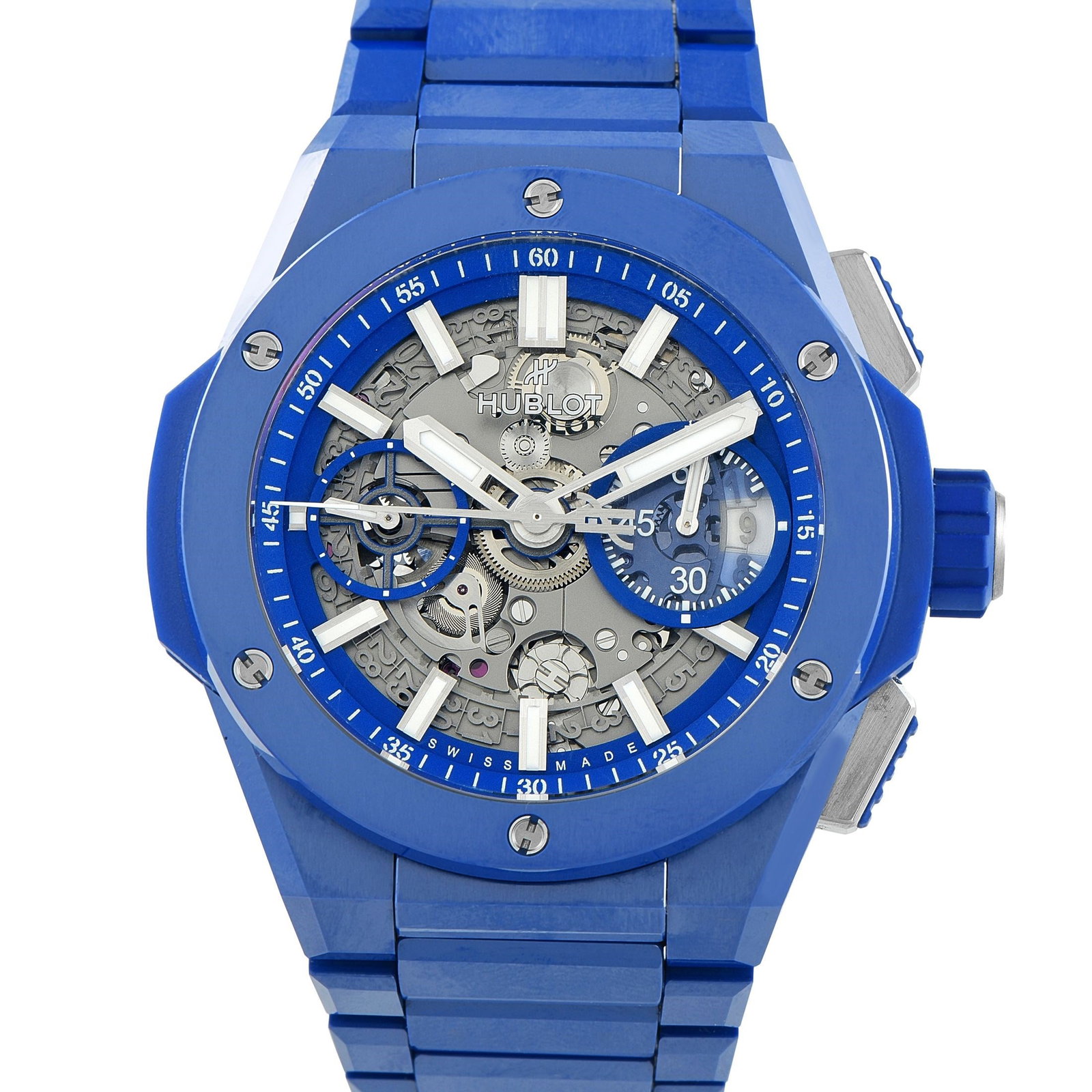 Hublot Big Bang Integral Indigo Blue Ceramic Watch: Built for everyday boldness, the limited edition (only 250 pieces) Hublot Big Bang Blue Indigo is a full blue ceramic watch that showcases the Unico flyback chronograph through a skeletonized dial. Th