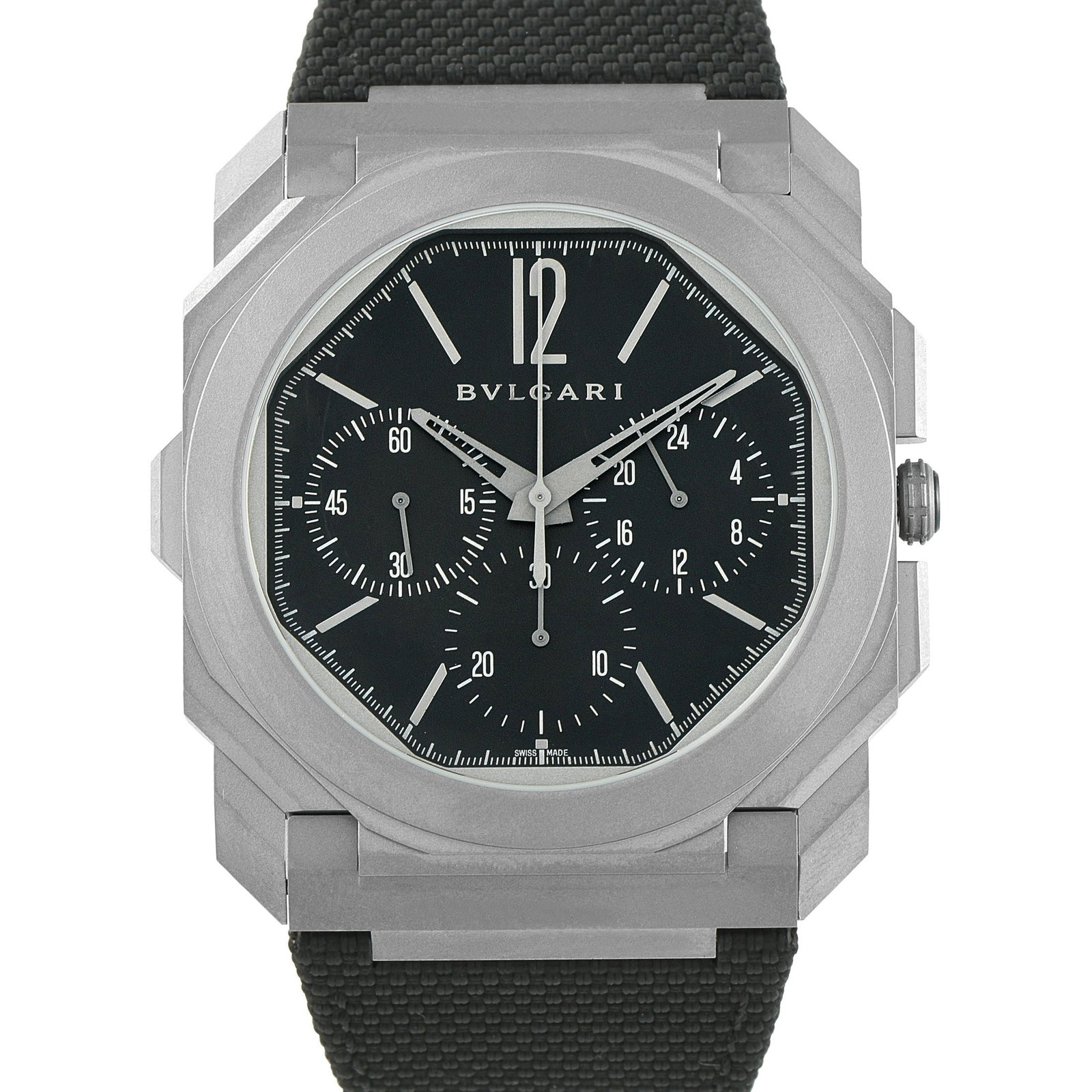 Bvlgari Octo Finissimo Chronograph GMT Titanium Watch: The Bvlgari Octo Finissimo Chronograph GMT Titanium Watch 103371 is a defining example of modern engineering in watchmaking. It has a remarkably slim profile with its 42mm-wide and 6.90mm-thin titaniu