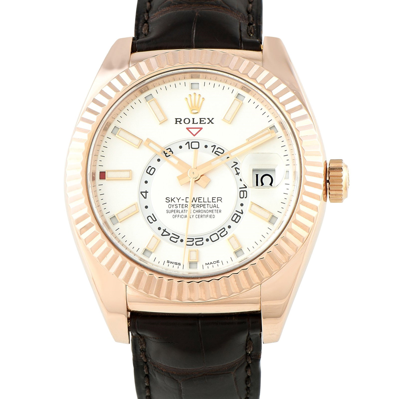 Rolex Sky-Dweller White Dial Everose Gold Watch: The Rolex Sky-Dweller ref. 326135-0005 makes a sophisticated companion for the modern traveler. The watch's 42mm case is rendered in 18K Everose gold, paired with a white dial that features an annual 