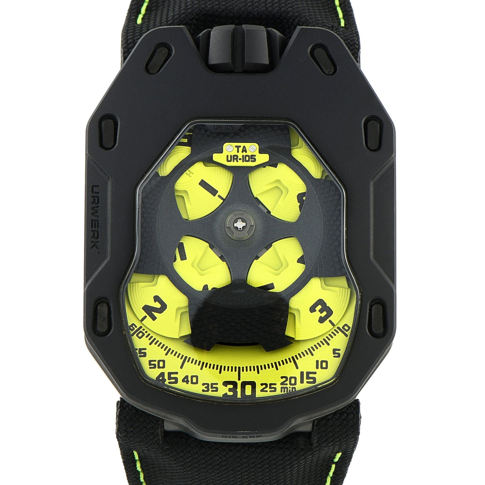 Urwerk UR-105TA Turbine Black Lemon Watch: Urwerk's satellite display architecture gets a jolt of color in this limited edition Black Lemon UR-105TA. This unconventional timepiece features four orbiting hour satellites sweeping across a bright