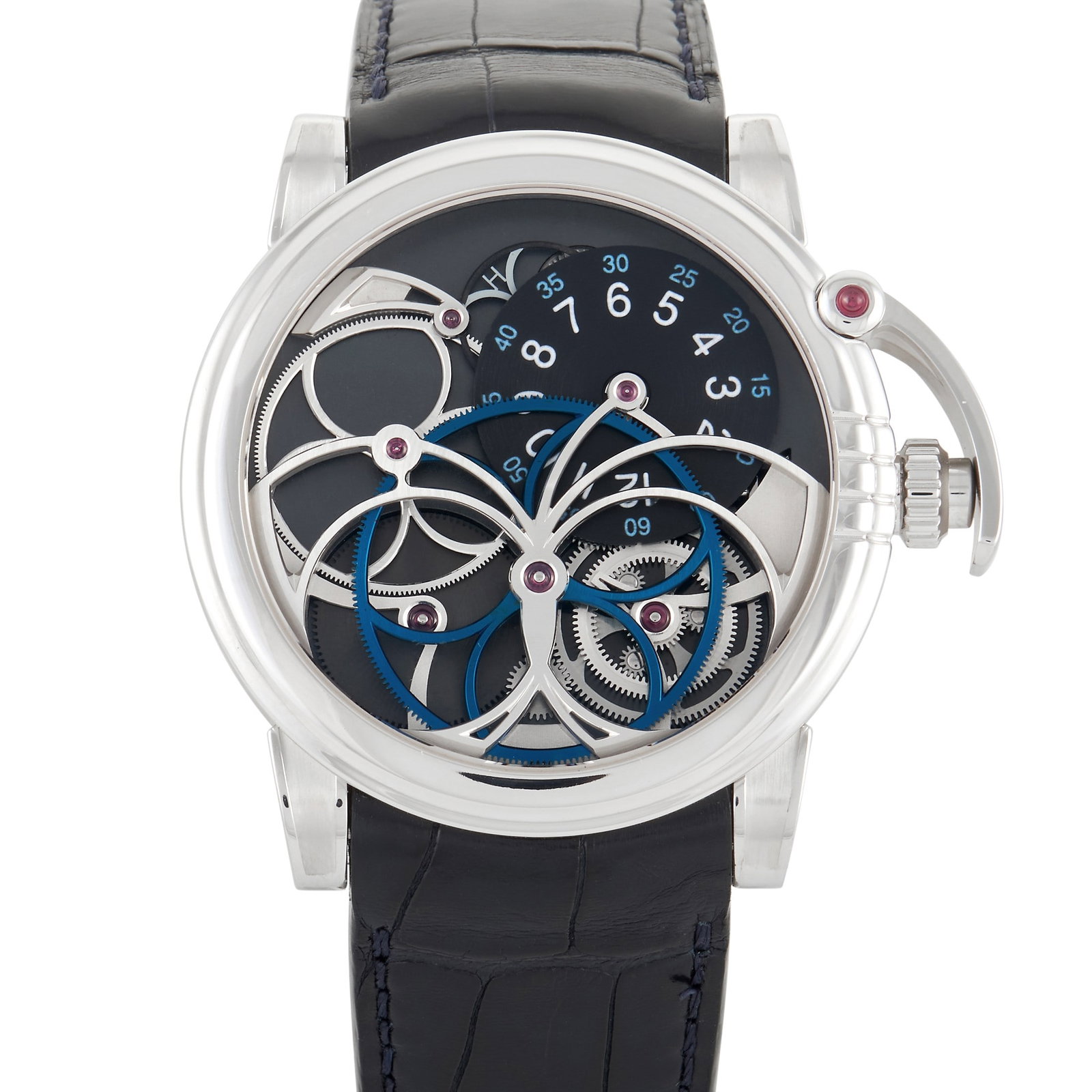 Harry Winston Opus VII Watch: The Harry Winston Opus VII Watch, reference number 500-MMAS45WL, is a creative reinterpretation of a classic accessory.Bold and exciting in design, this watch begins with a round 45mm case crafted fro