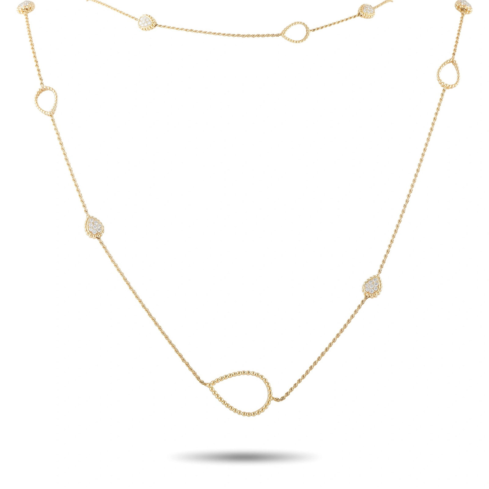 Boucheron Bohème Serpent 18K Yellow Gold 3.0ct Diamond Necklace: This Boucheron necklace from the Bohème Serpent collection is crafted in 18K yellow gold and features a fine rope-twist chain punctuated by alternating open pear-shaped gold links and diamond-set pav
