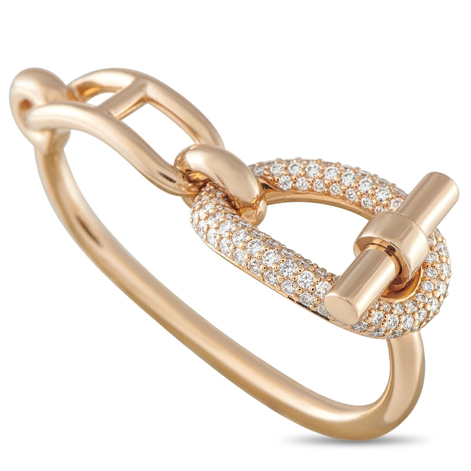 Hermes Adage 18K Rose Gold 1.03ct Diamond Double Ring: This Hermes Adage ring is crafted in 18K rose gold, pave-set with round diamonds totaling approximately 1.03 carats. The ring weighs 17.0 grams. It includes a gift box. Signed Hermes. Metal & Stones M