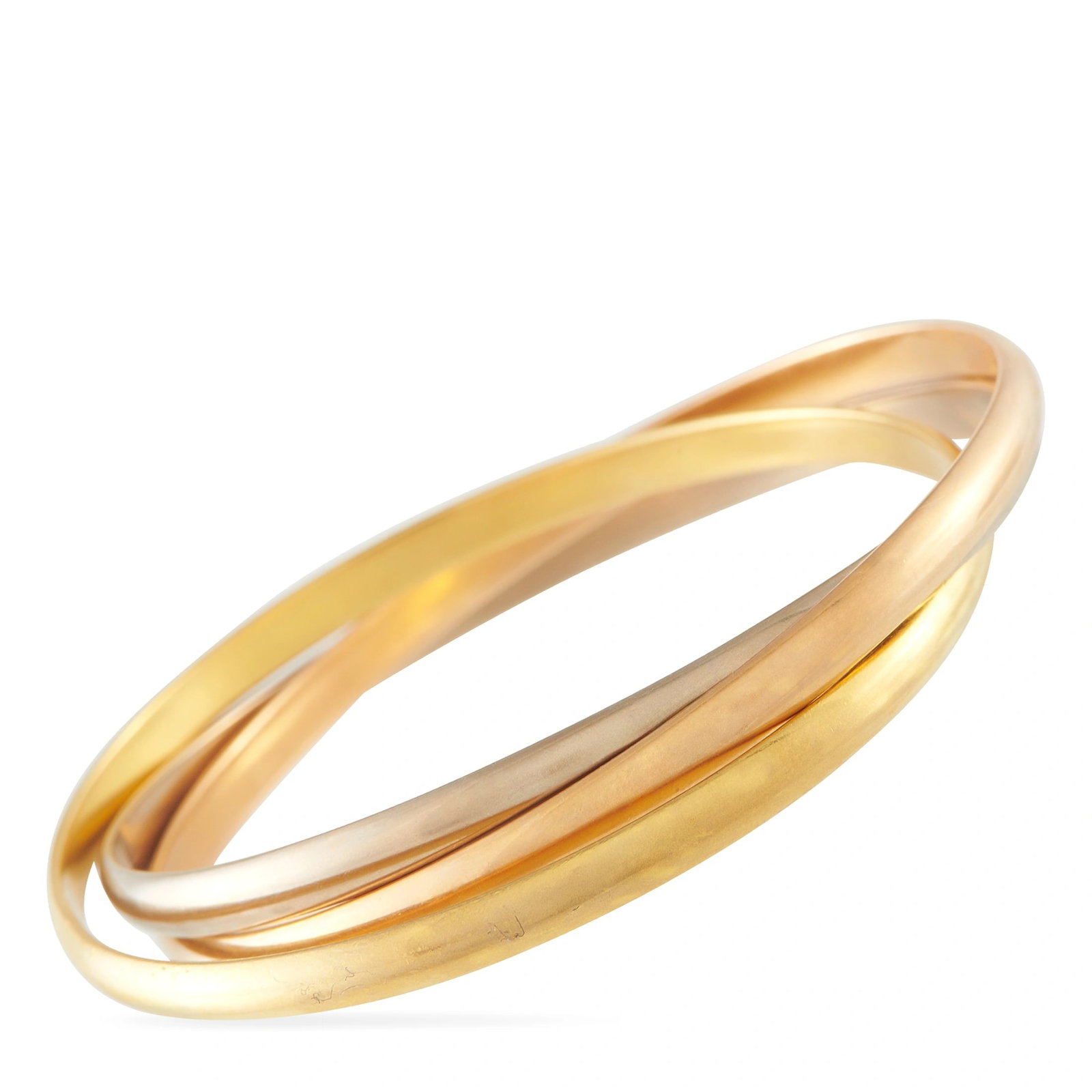 Cartier Exclusive Trinity 18K Rose, Yellow, and White Gold Medium Size Bracelet: This iconic Cartier Trinity bracelet features three interlocking bands of 18K yellow, white, and rose gold, forming the brand’s signature rolling bangle design in the medium size. The polished trico
