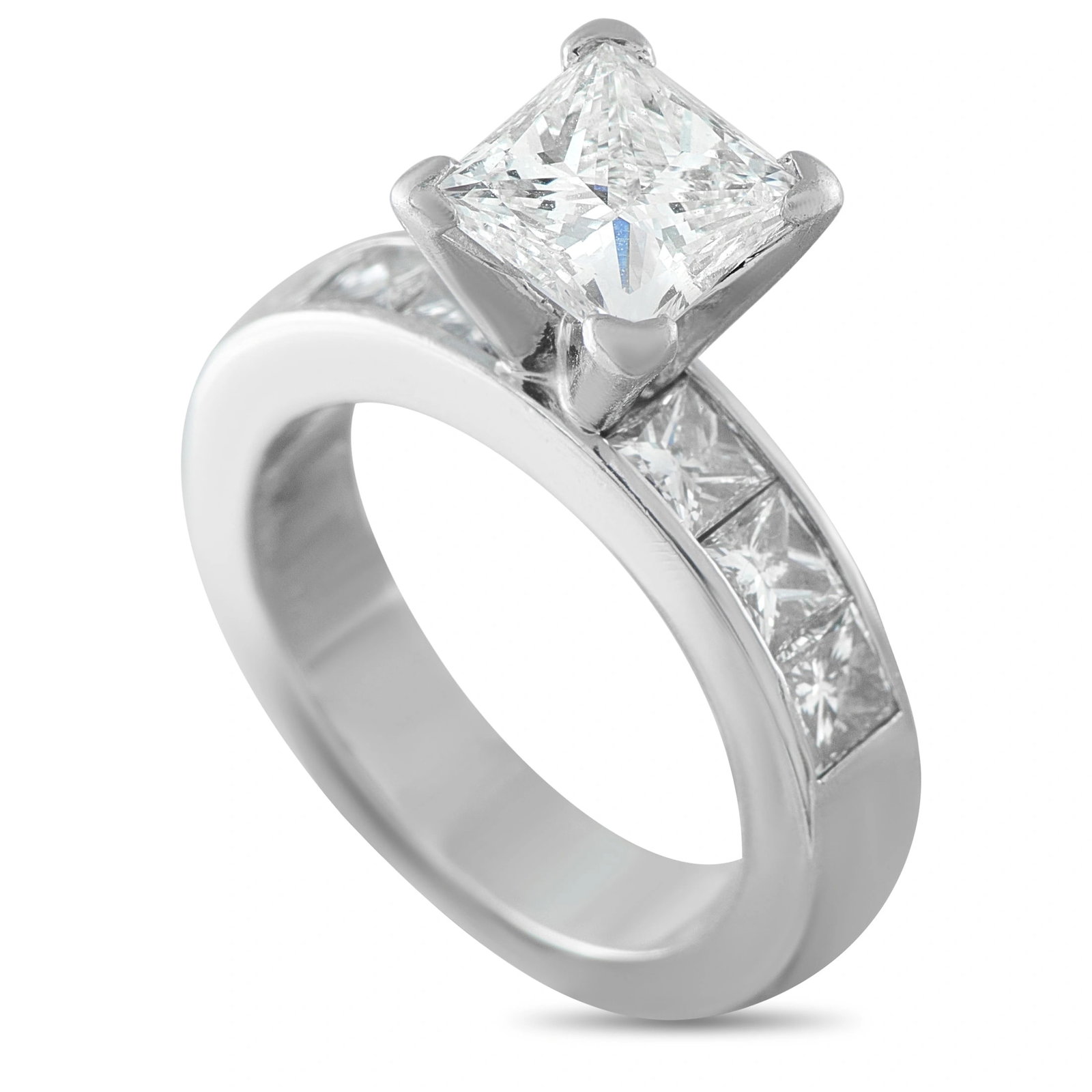Exclusive Platinum 2.55ct Diamond Engagement Ring: This ring is crafted in platinum, centered with a square-cut diamond weighing approximately 1.55 carats (H color, VS2 clarity), flanked by channel-set square-cut diamonds totaling approximately 1.00 c