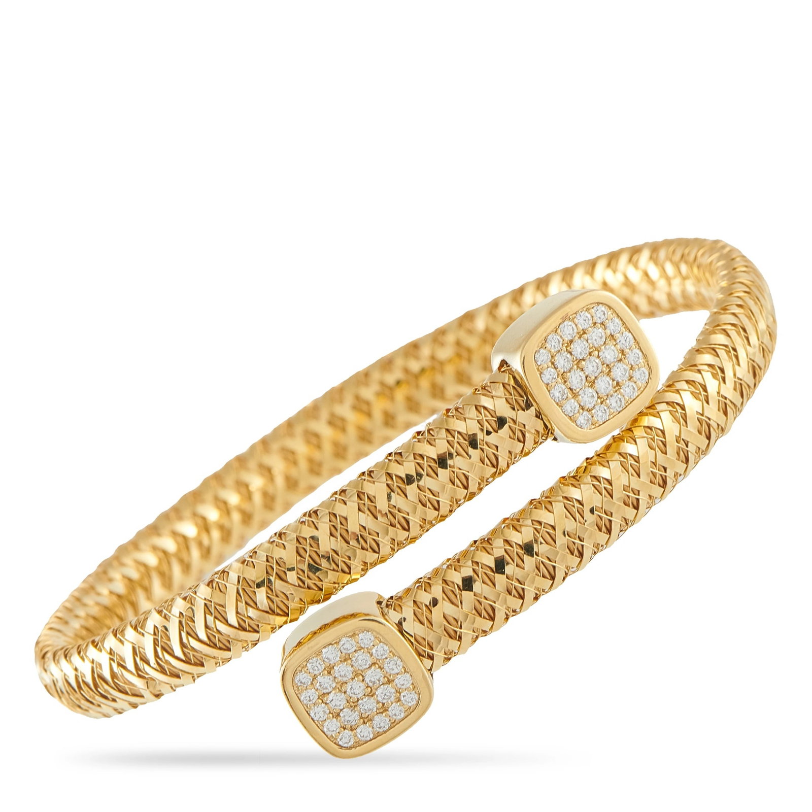 Roberto Coin Primavera 18K Yellow Gold 0.50ct Diamond Woven Bracelet: This Roberto Coin Primavera bracelet is crafted in 18K yellow gold with a flexible, tightly woven mesh band in an open bypass cuff design. Both terminal ends feature cushion-shaped stations pave-set w