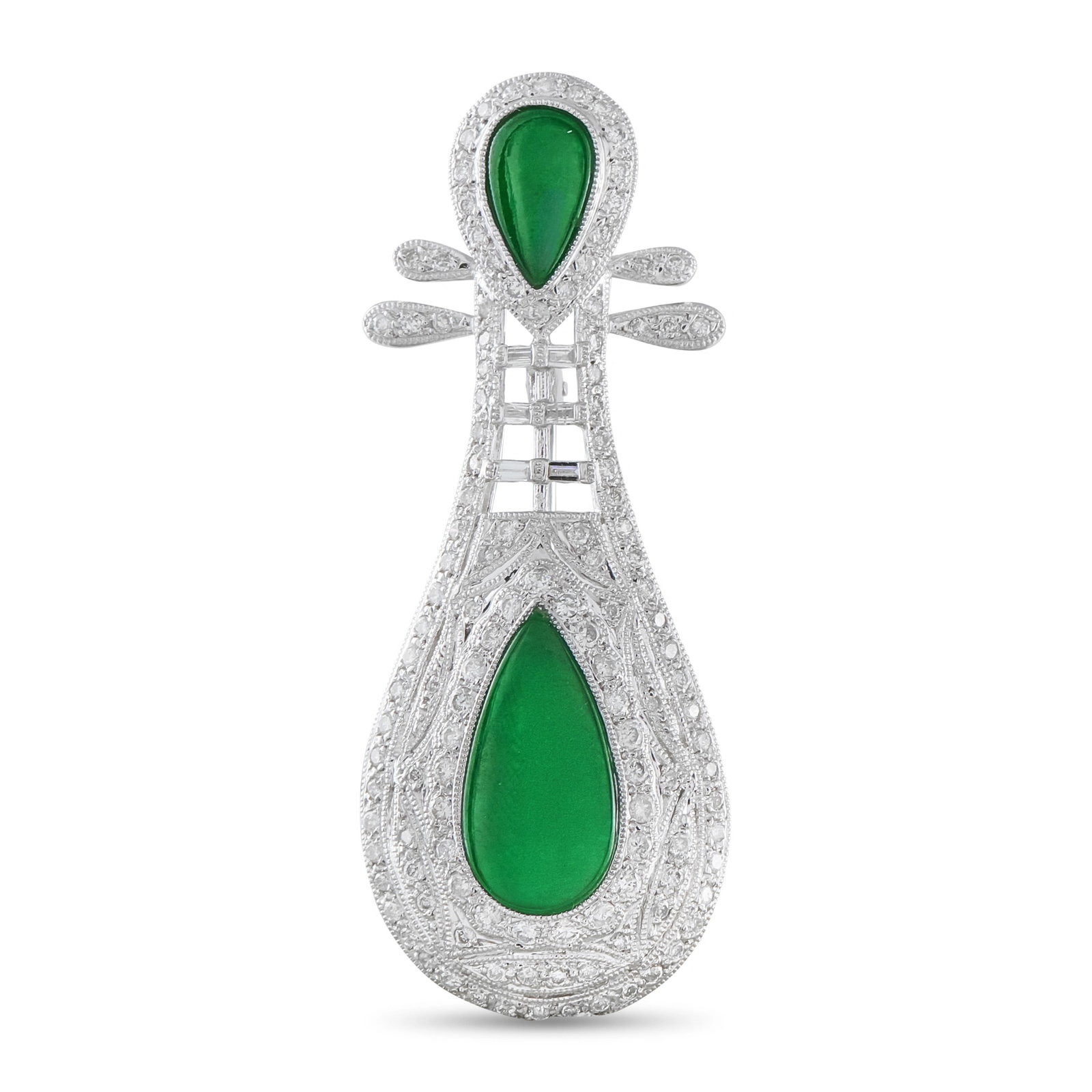 Exclusive 18K White Gold Diamond 0.85ct Jade Brooch: This Art Deco-style Exclusive brooch is crafted in 18 karat white gold and set with two pear-shaped cabochon natural Type A jade stones within a diamond-set milgrain filigree mount, totaling approxima