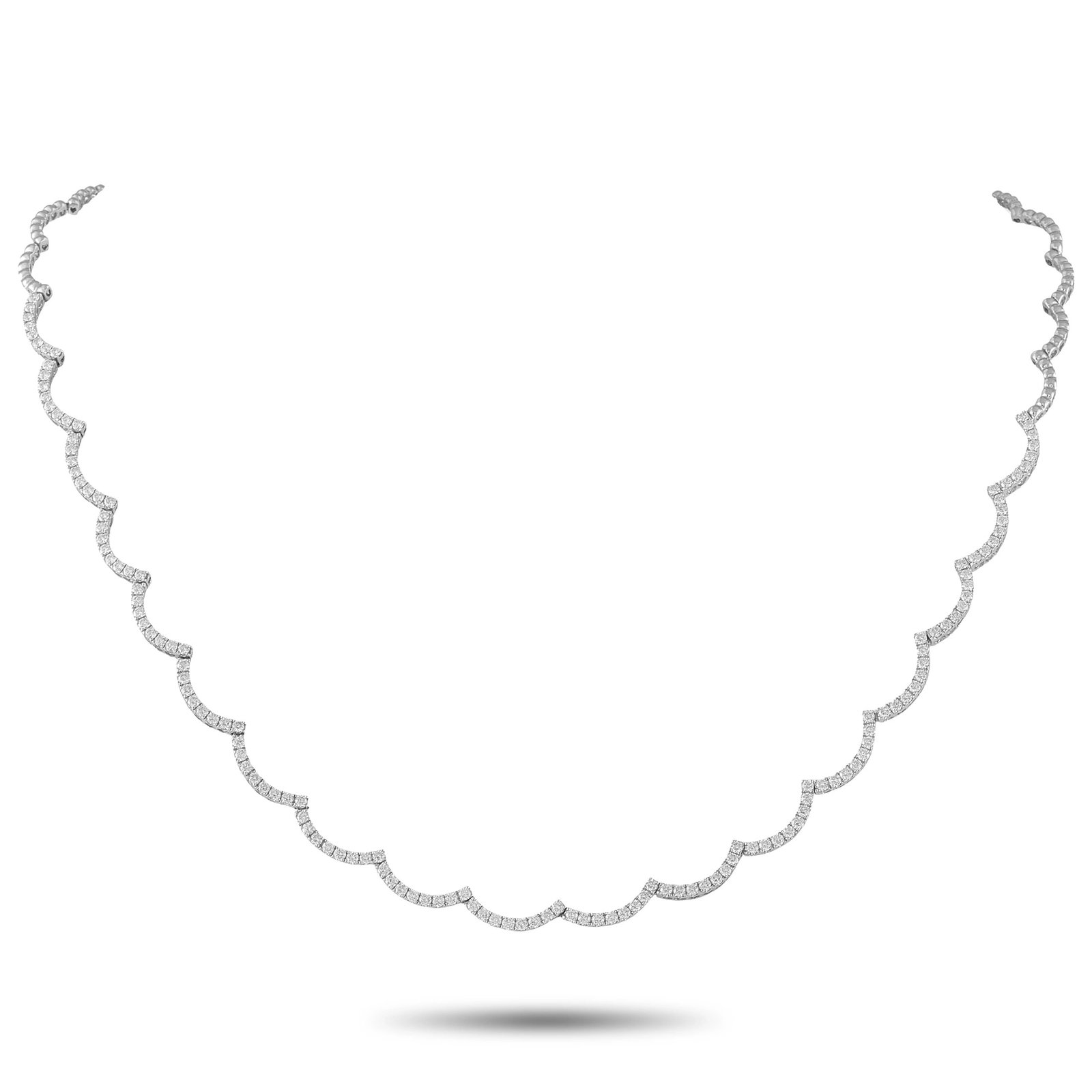 Exclusive 18K White Gold 2.33ct Diamond Scalloped Necklace: This scalloped necklace is crafted in 18K white gold and set with round brilliant-cut diamonds totaling approximately 2.33 carats along a graduated, curved link design. The necklace measures 14 inches