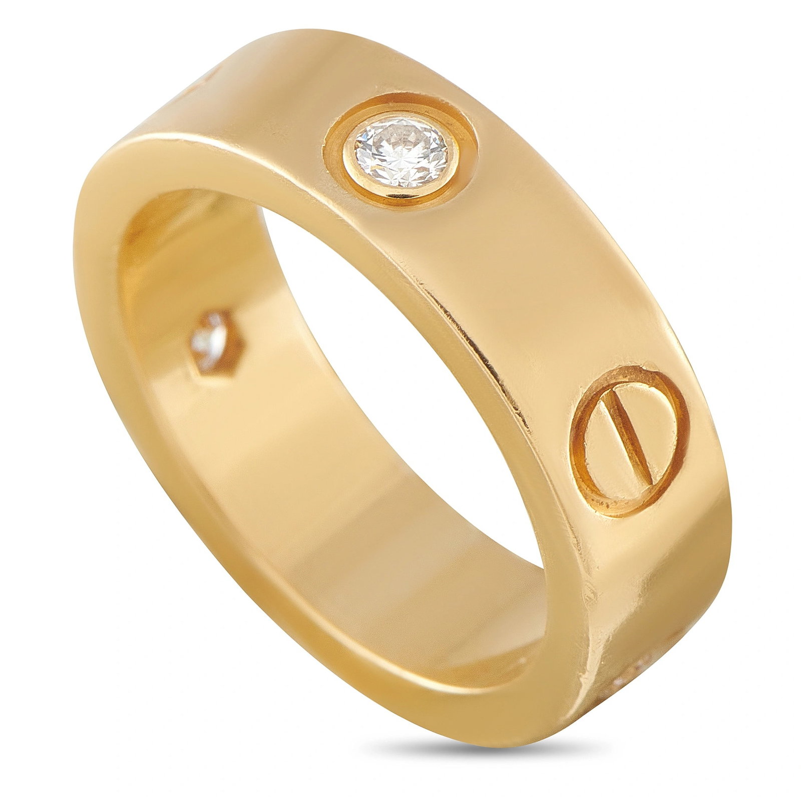 Cartier Love 18K Yellow Gold 3-Diamond Ring: This Cartier Love ring is crafted in 18K yellow gold in the brand’s signature screw motif band, set with three round diamonds. The ring weighs 5.5 grams. It includes a gift box. Signed Cartier. Meta
