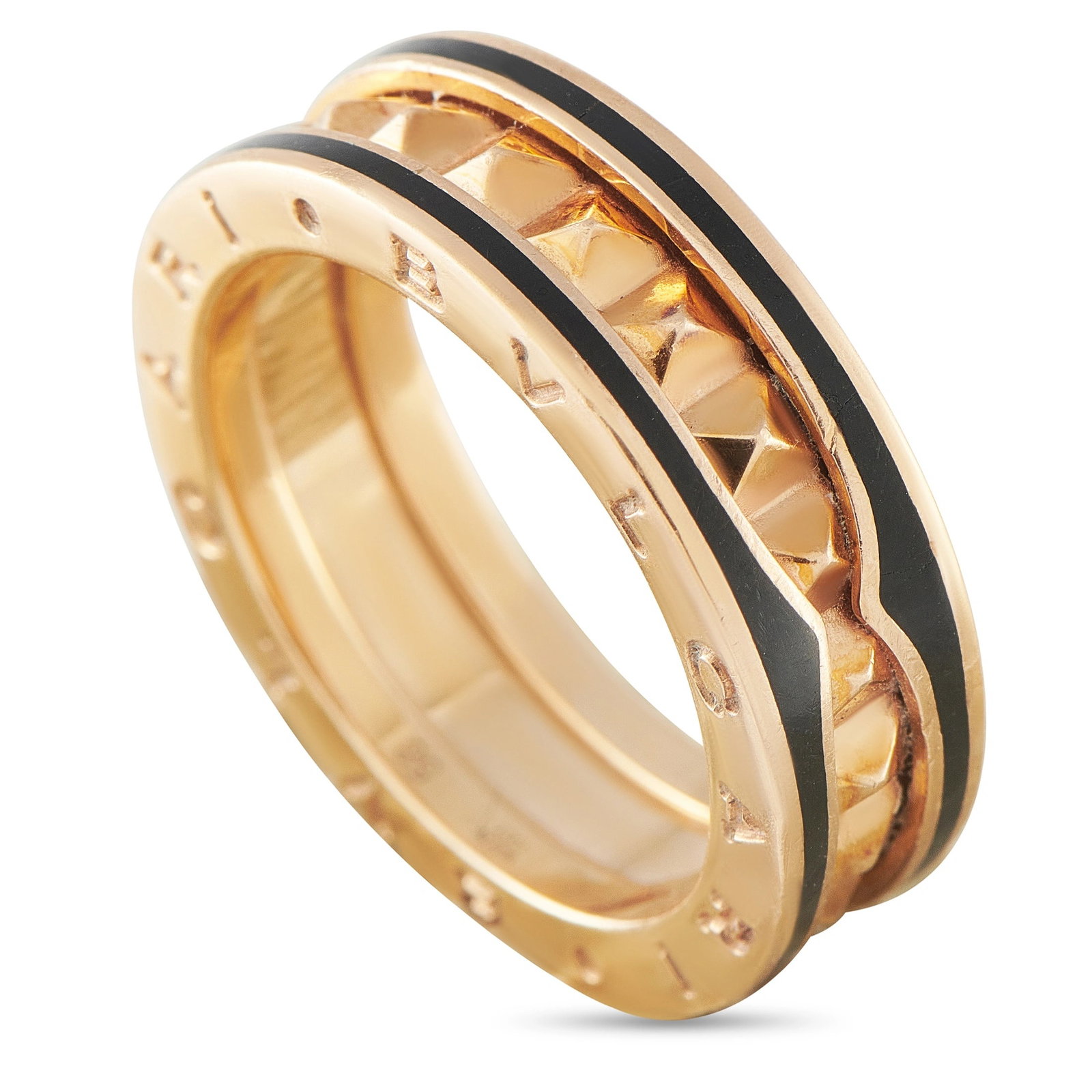 Bvlgari B.zero1 18K Rose Gold Ceramic Ring: This Bvlgari B.Zero1 ring is crafted in 18K rose gold with a black ceramic spiral band engraved with the BVLGARI logo. The ring weighs 10.7 grams. It includes a gift box. Signed Bvlgari. Metal & Stone