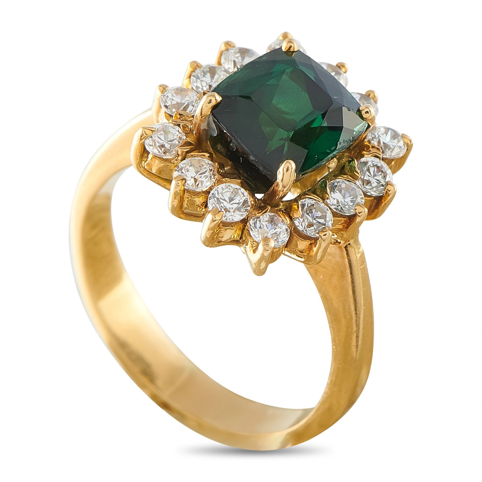 Exclusive 18K Yellow Gold 0.60ct Diamond and Tourmaline Ring: This ring is crafted in 18K yellow gold and centers a cushion-cut green tourmaline weighing approximately 3.00 carats, surrounded by a halo of round brilliant-cut diamonds totaling approximately 0.60 