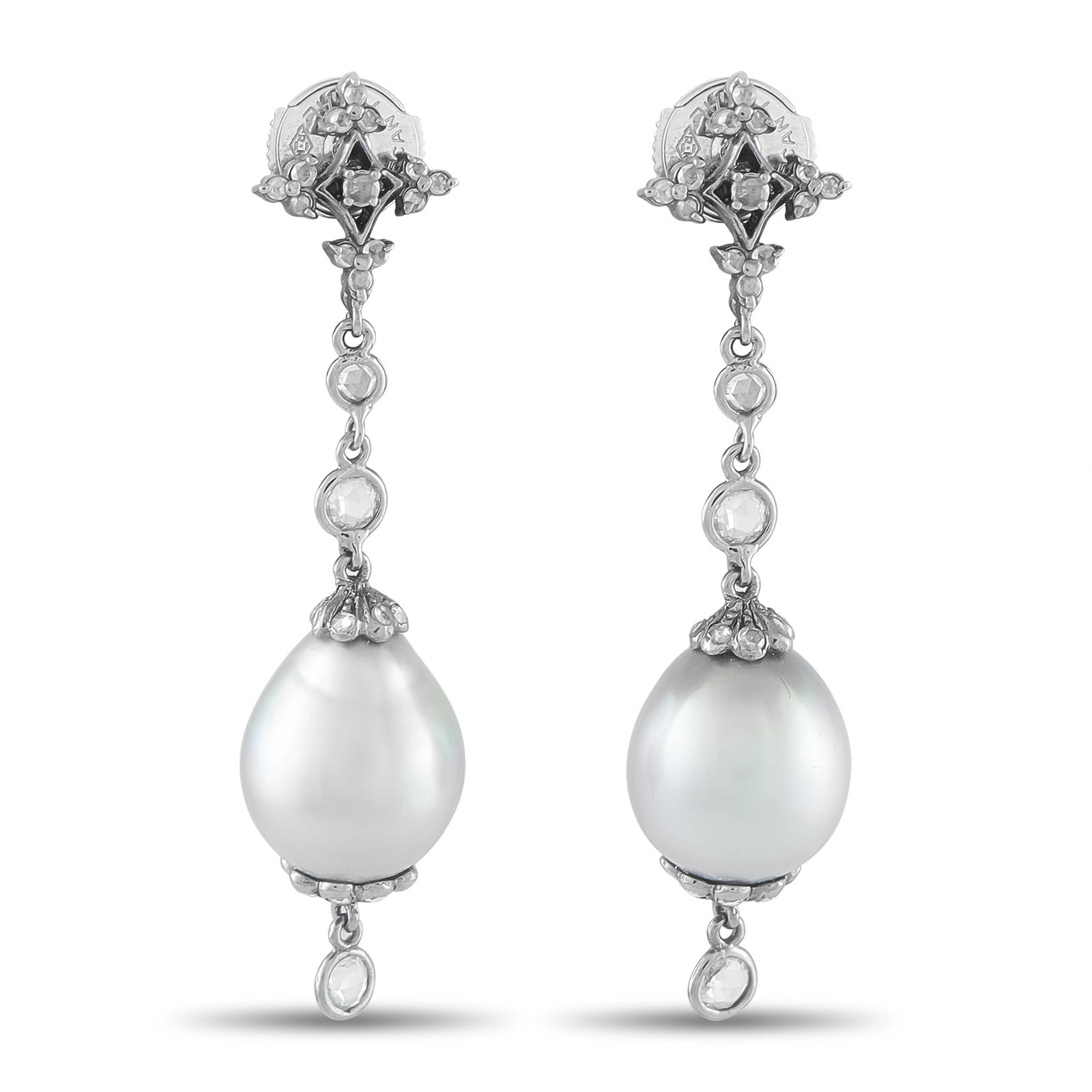 Exclusive 18K White Gold Diamond Pearl Drop Earrings: These vintage-style drop earrings are crafted in 18K white gold, featuring star-shaped rose-cut diamond tops that suspend a rose-cut diamond link, a drop-shaped grey pearl, and a rose-cut diamond fini