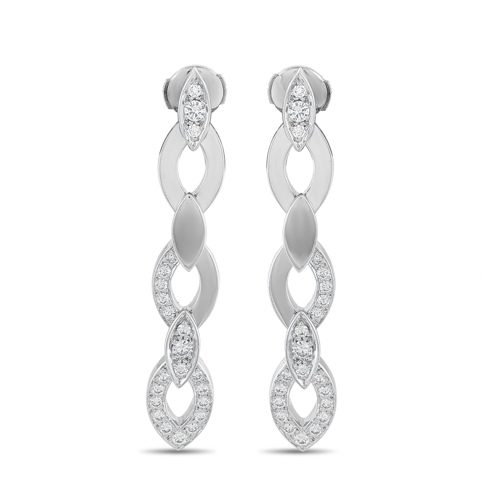 Cartier Diadea 18K White Gold Diamond Earrings: This pair of Cartier Diadea earrings is crafted in 18K white gold, each featuring a pave round diamond-bordered square top with a brushed gold center, secured with a post and friction back. The pair w