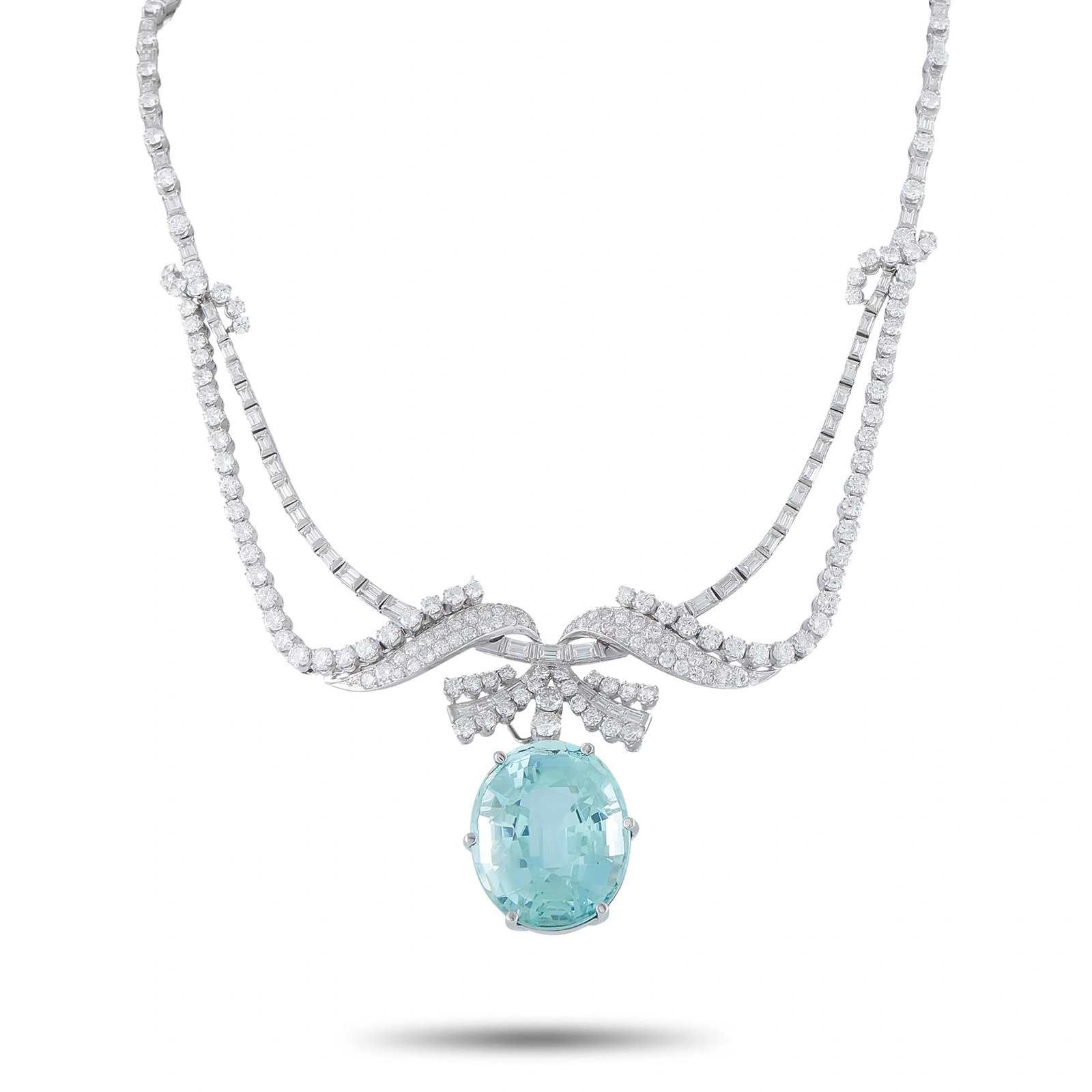 Exclusive Vintage Platinum 20.0ct Diamond and Paraiba Tourmaline Necklace: This vintage platinum necklace showcases a magnificent 60.00 carat oval Paraiba tourmaline drop pendant, AGL certified as a natural, no-heat stone of Nigerian origin with a vivid light green-blue hue.