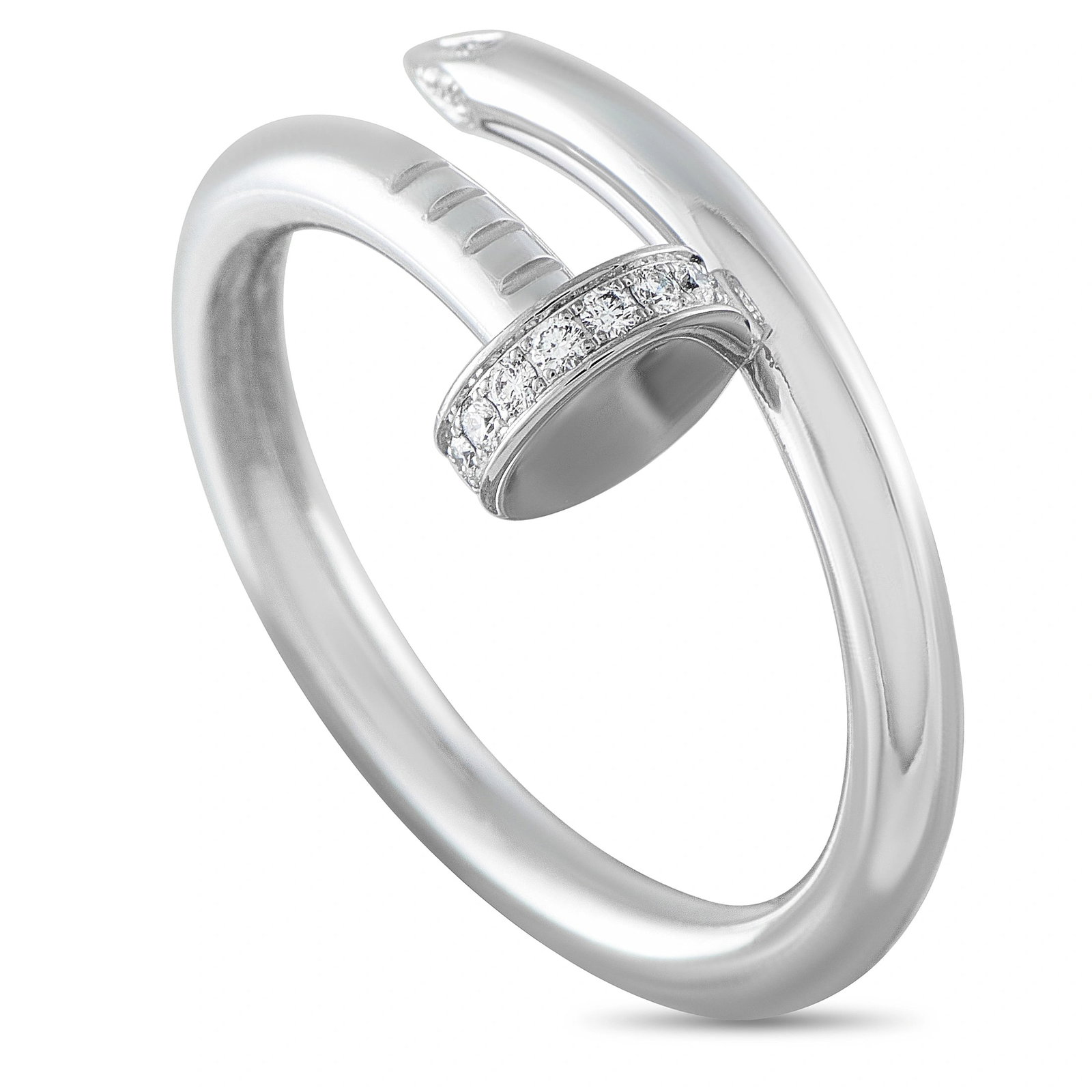 Cartier Juste un Clou 18K White Gold Diamond Ring: This Cartier Juste un Clou ring is crafted in 18K white gold in the brand’s signature nail motif, pave-set with round diamonds along the shank. The ring weighs 8.0 grams. It includes the manufacture