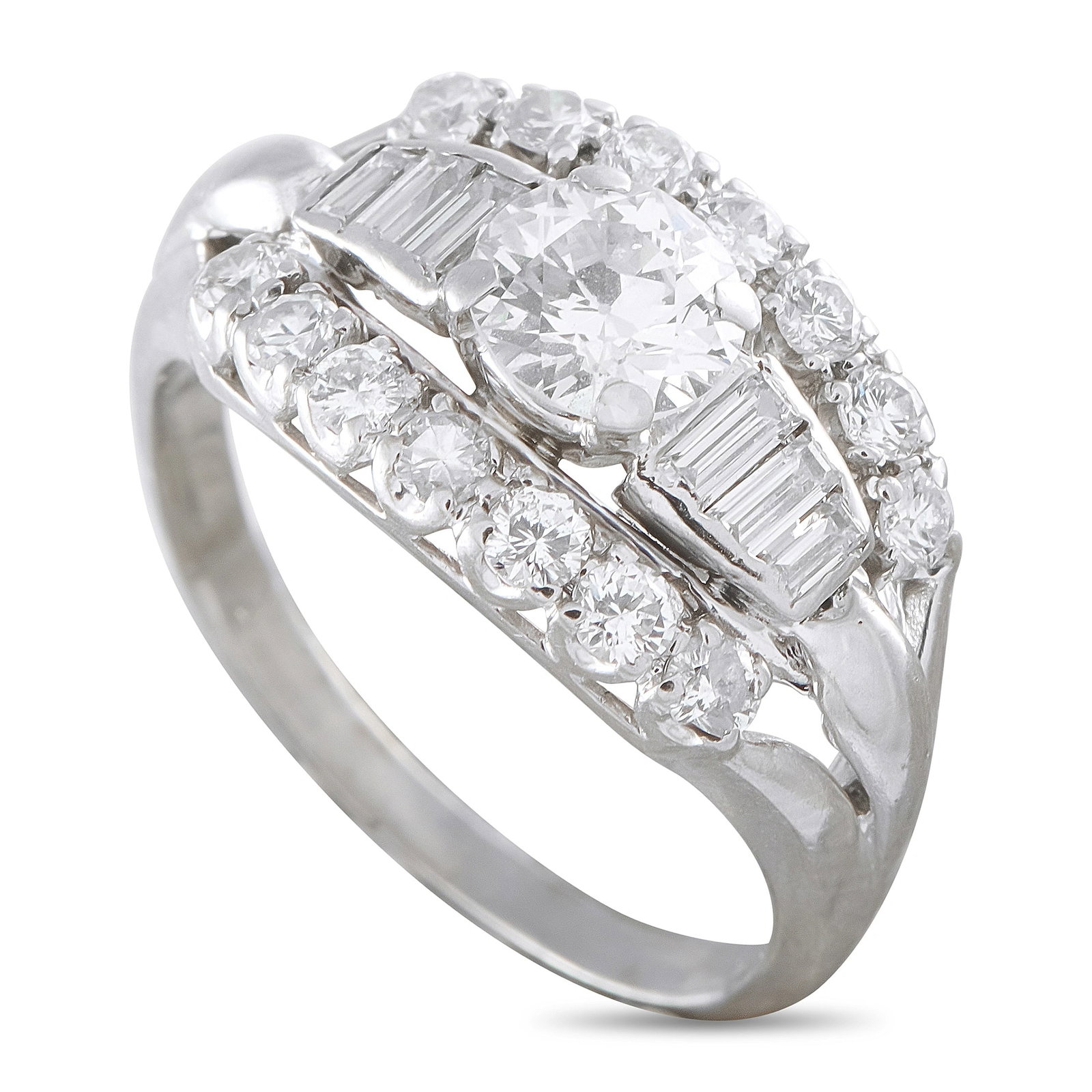 Exclusive 14K White Gold 1.82ct Diamond Ring: This Exclusive ring is centered by a round brilliant-cut diamond weighing approximately 0.68 carat, flanked by baguette and round diamond accents totaling approximately 1.14 carats, for a total diamon