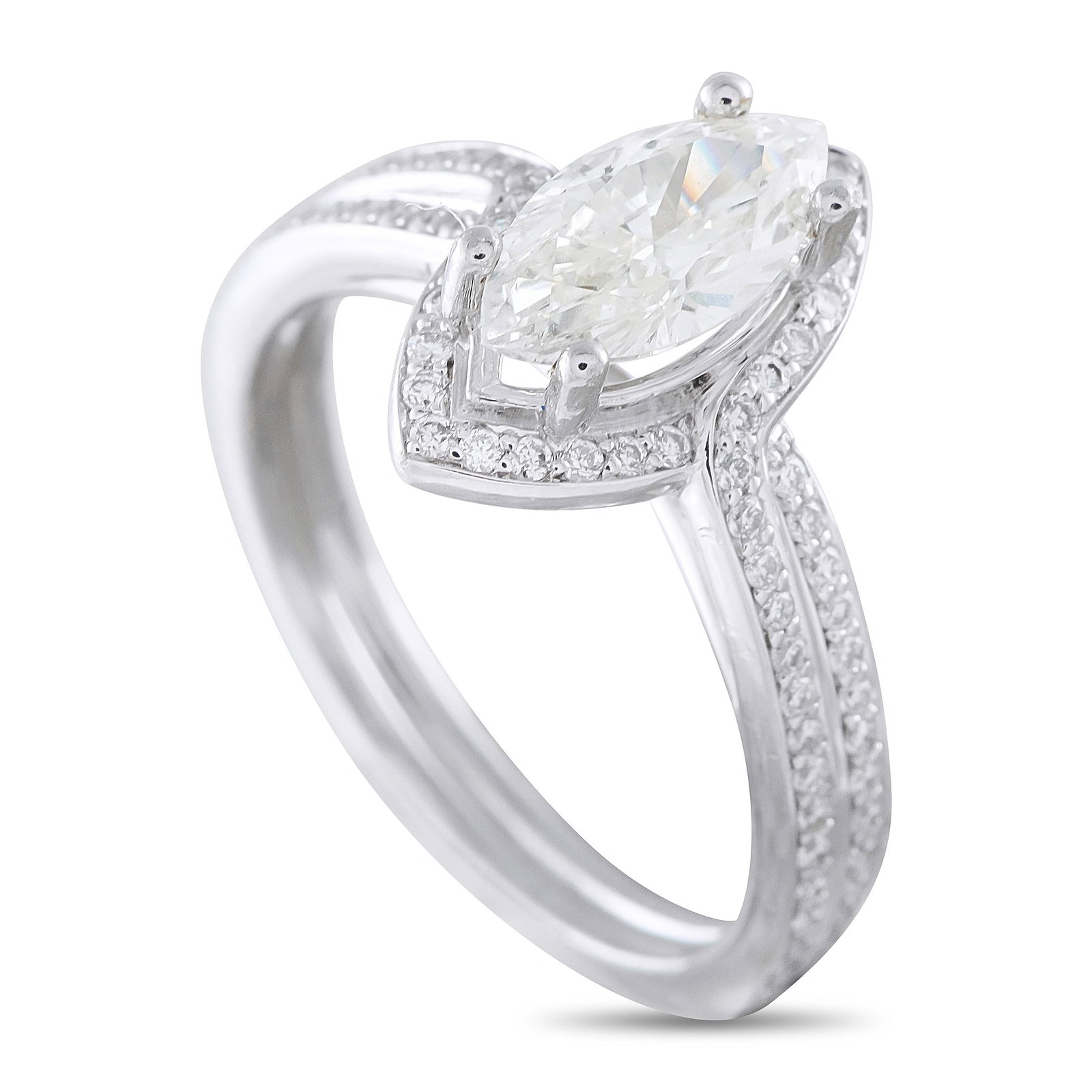 Exclusive 14K White Gold 1.33ct Diamond Halo Ring: This Exclusive ring showcases a marquise-cut center diamond weighing approximately 0.96 carat, encircled by a sparkling diamond halo and set atop a pavé double split-shank, with accent diamonds total