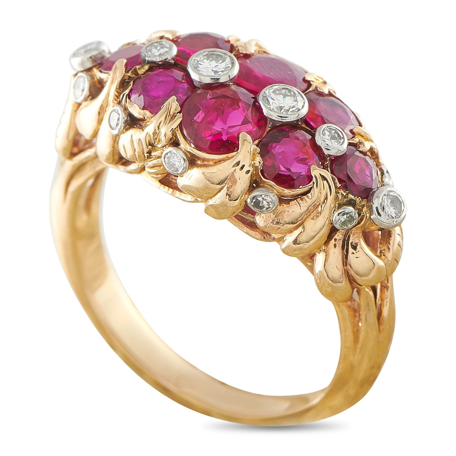 Exclusive 14K Rose Gold 0.25ct Diamond and Ruby Cluster Ring: This Exclusive ring is crafted in 14K rose gold and set with a cluster of round-cut rubies totaling approximately 1.00 carat, accented by bezel-set round diamonds totaling approximately 0.25 carat. Th