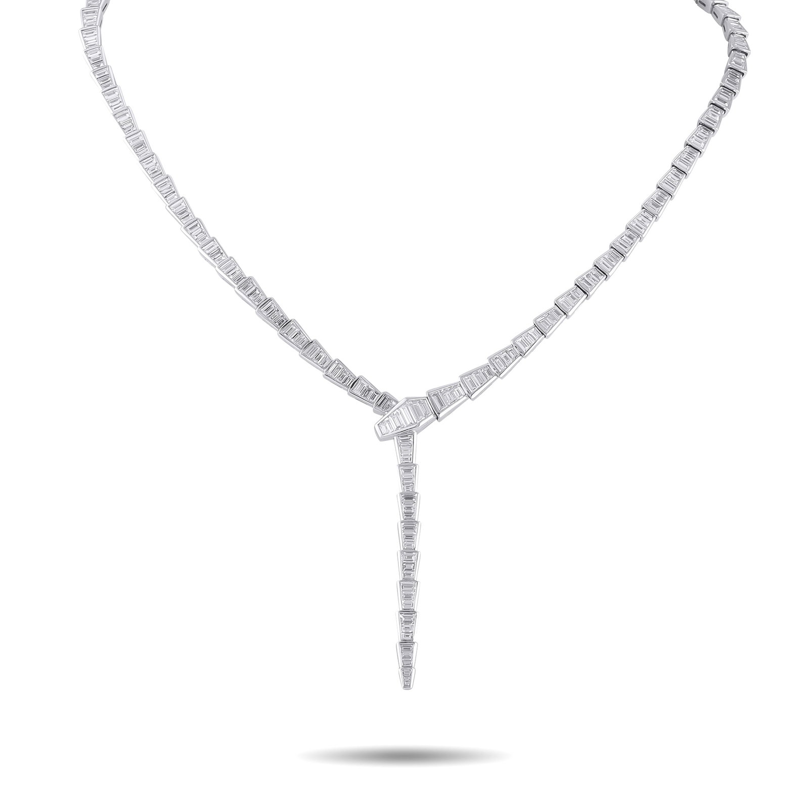 Bvlgari Serpenti 18K White Gold 14.03ct Diamond Necklace: This Bvlgari Serpenti necklace is incredibly chic. Elegant enough for even your most special occasions, trapezoidal step-cut Diamonds with a total weight of 14.03 carats make it simply unforgettable. 