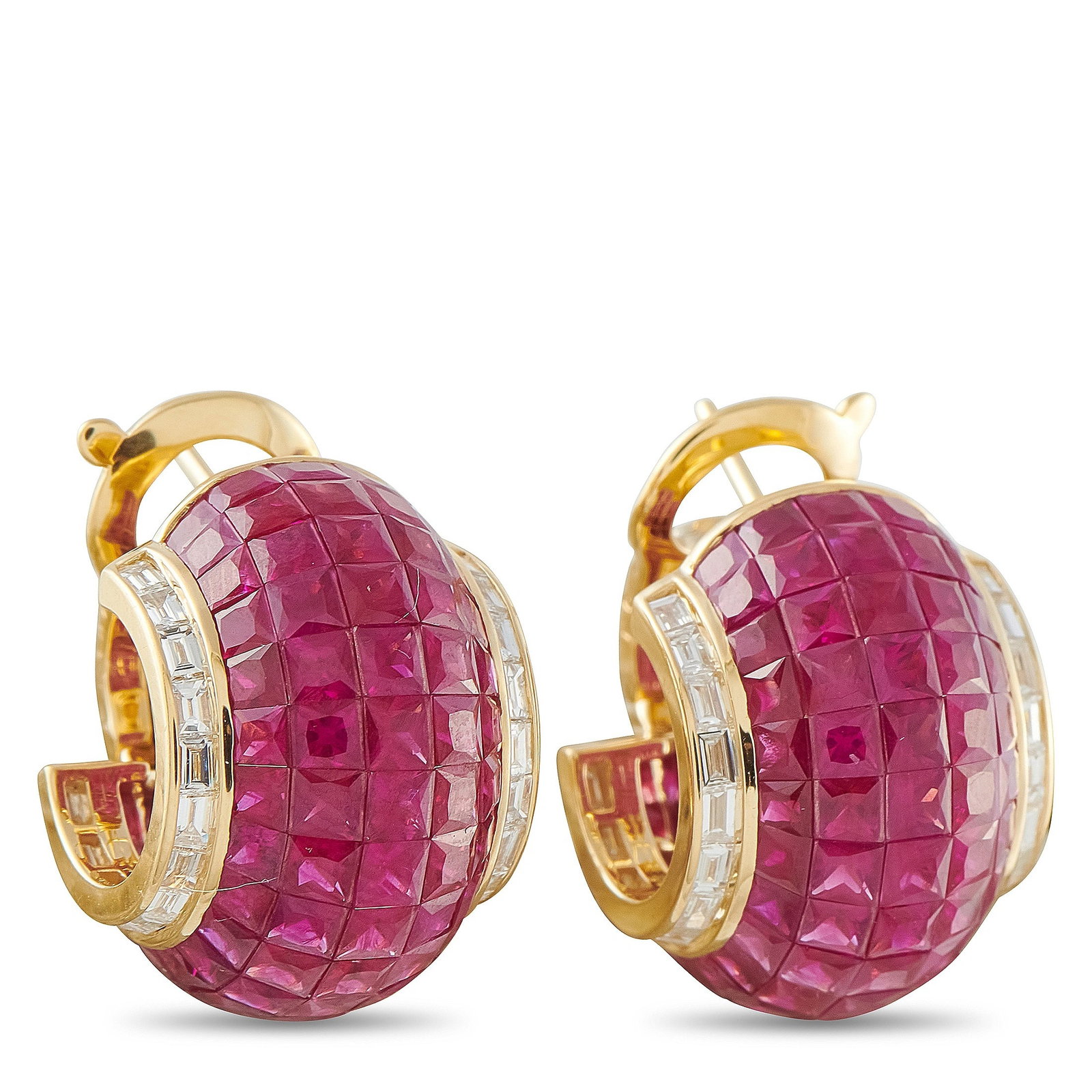 Van Cleef & Arpels Lampion Mysterieux 18K Yellow Gold Diamond and Ruby Earrings: An extraordinary pair of 18K yellow gold earrings from Van Cleef & Arpels, from the iconic Lampion Mysterieux collection. Each dome-shaped earring is entirely surfaced in invisibly mystery-set square-