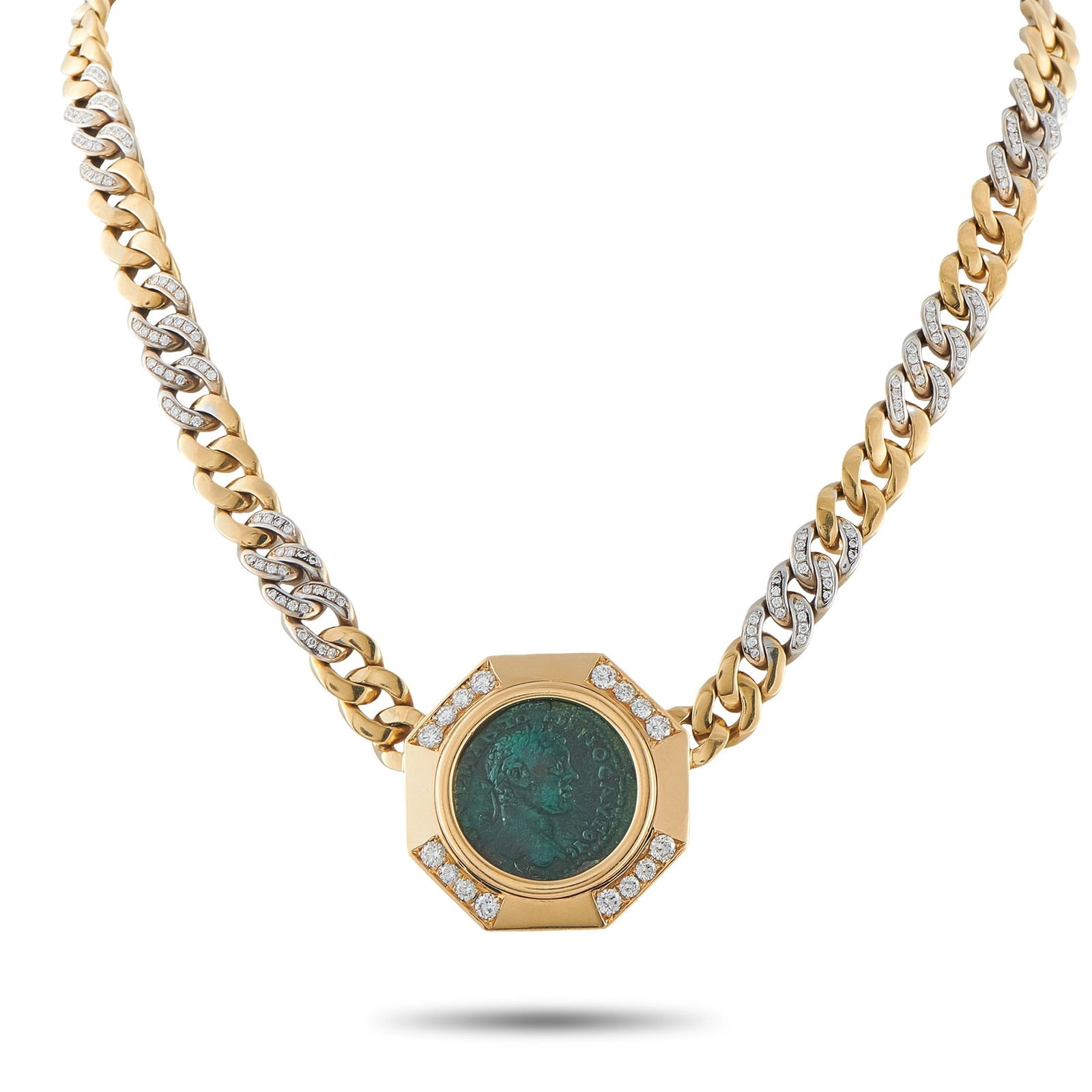 Bvlgari Vintage Monete 18K Yellow Gold 2.75ct Diamond Ancient Coin Necklace: This vintage Bvlgari Monete necklace is crafted in 18K yellow gold with a curb-link chain accented by pave diamond link sections, centering on an authentic ancient Roman bronze coin depicting Emperor 