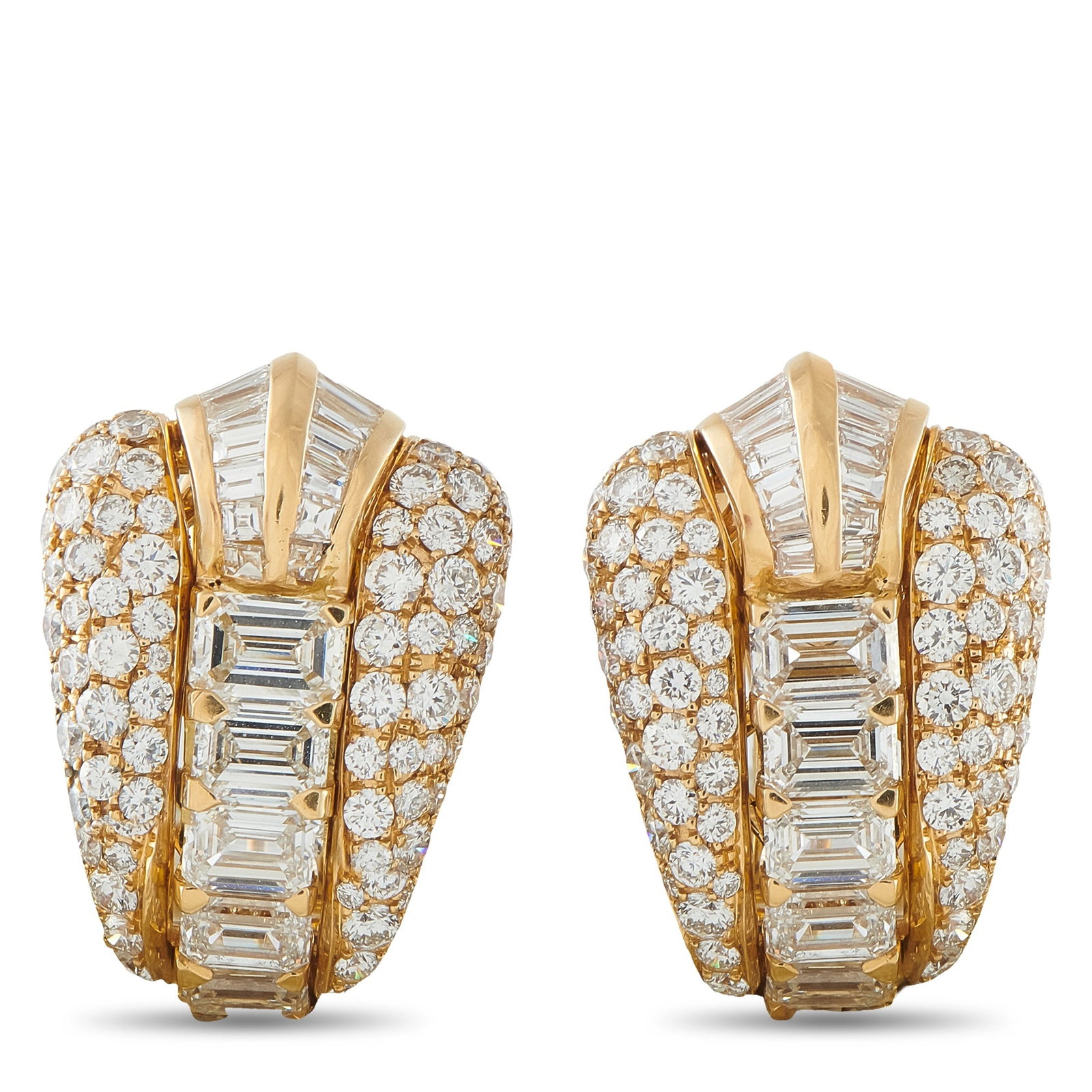 Bvlgari Vintage 18K Yellow Gold 12.0ct Diamond Earrings: These vintage Bvlgari earrings are crafted in 18K yellow gold in a tapered, domed shield design, pave-set with round brilliant and baguette-cut diamonds totaling approximately 12.0 carats. The earring
