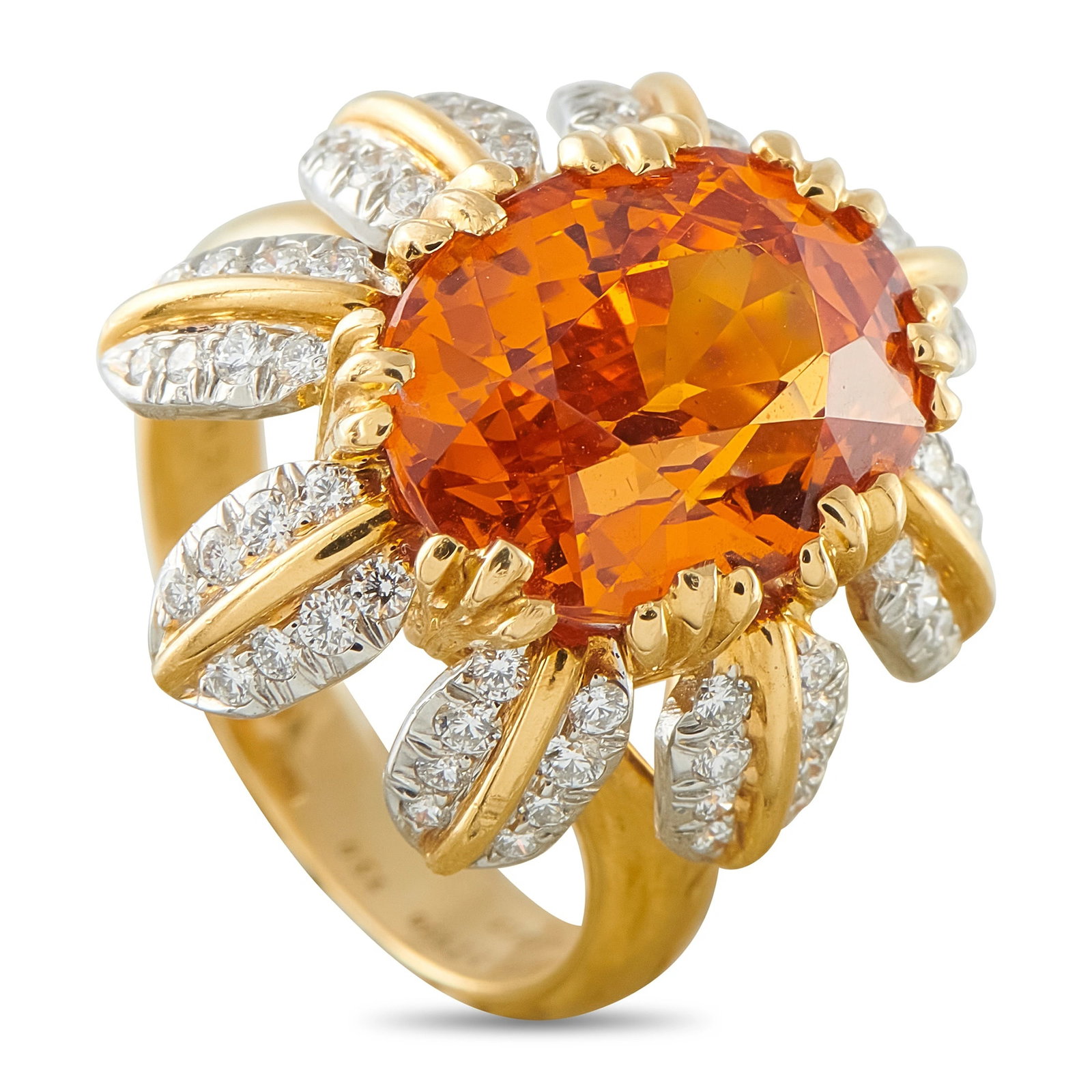 Tiffany & CO. Schlumberger 18K Yellow Gold and Platinum 0.55ct Diamond and Spessartite Ring: A breathtaking cocktail ring in 18K yellow gold from Tiffany & Co.’s legendary Schlumberger collection, centered on a magnificent cushion-cut spessartite of approximately 10.05 carats displaying an 