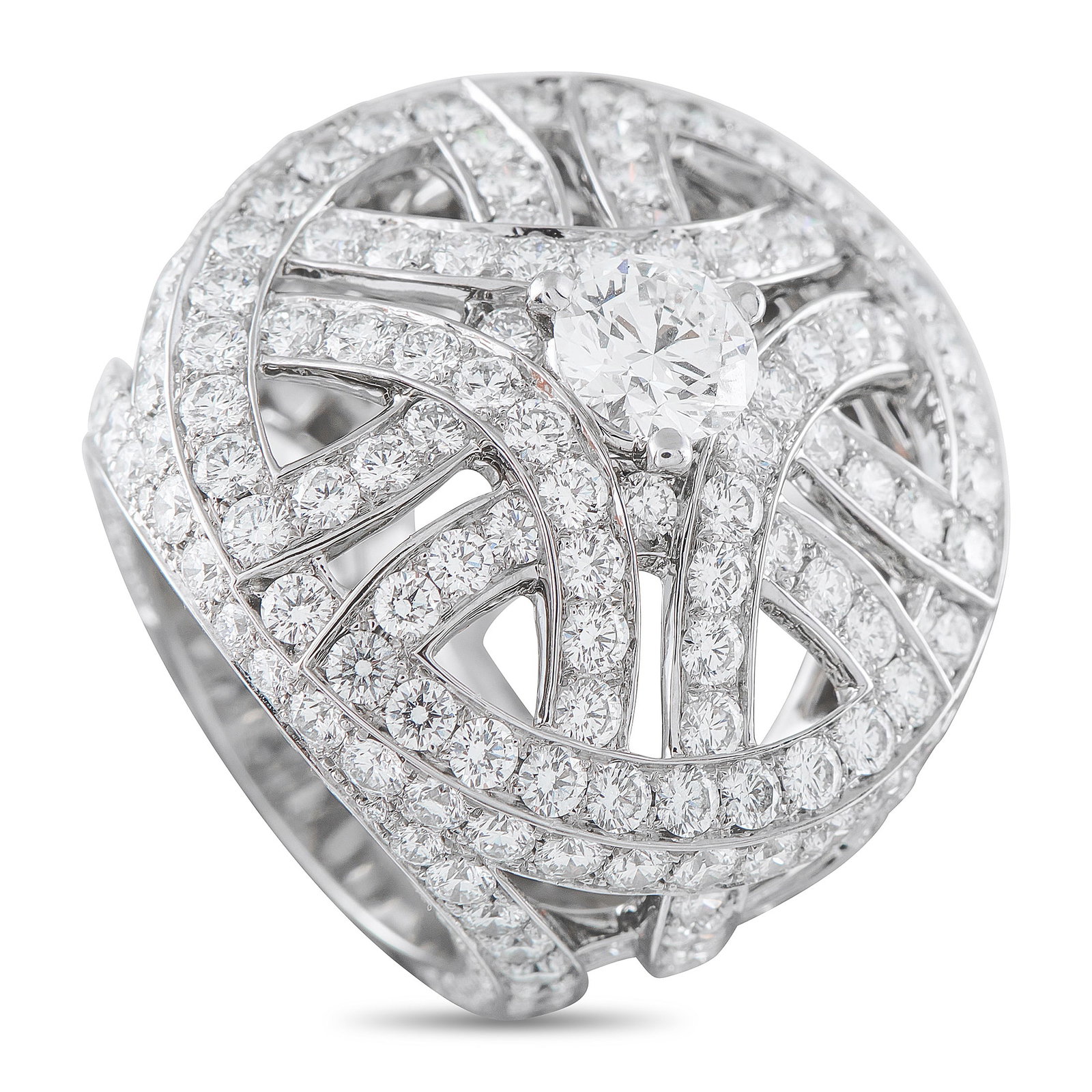 Cartier Nouvelle 18K White Gold 7.68ct Diamond Ring: This Cartier Nouvelle ring will add a distinctive sense of movement to any ensemble. The 18K White Gold setting features gracefully curved lines that surround this piece’s statement-making 1.03 cara