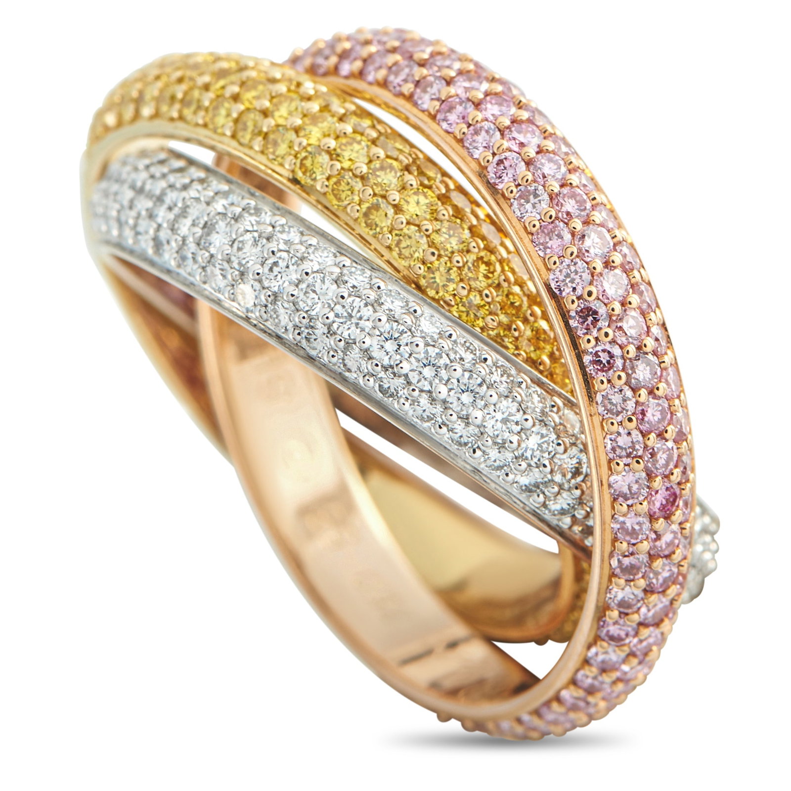 Cartier Trinity 18K White, Yellow, and Rose Gold Pink, Yellow, and White Diamond Ring: This exquisite Cartier Trinity Ring is colorful piece that will continually impress. A trio of bands come together to create one singular accessory – sparkling white Diamonds accent the 18K White Go