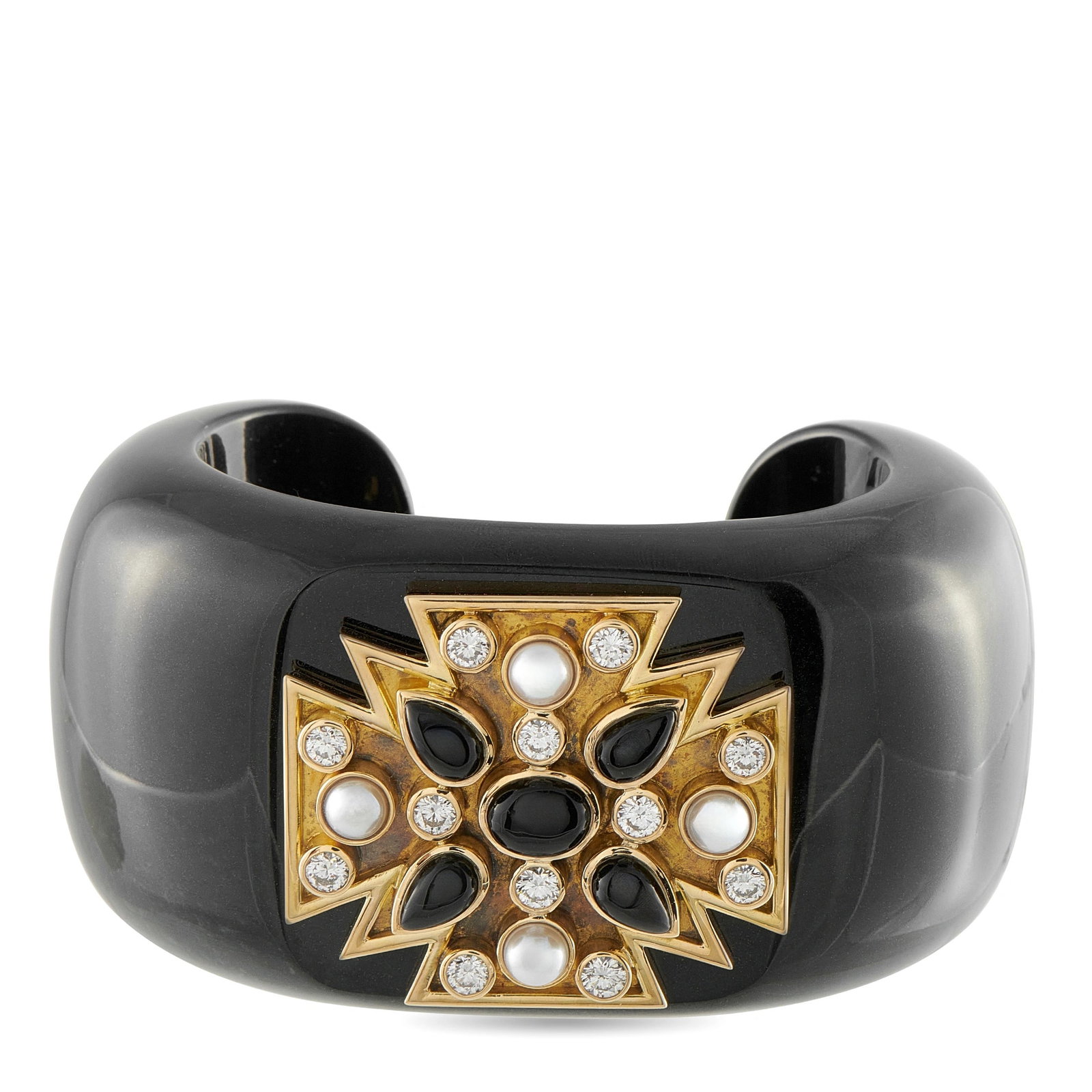 Verdura 18K Yellow Gold 2.20ct Diamond, Black Jade, Onyx, and Pearl Maltese Cross Cuff Bracelet: This statement cuff bracelet by Verdura is carved from polished black jade and centered with an 18K yellow gold Maltese cross motif, pave-set with round brilliant diamonds totaling approximately 2.20 
