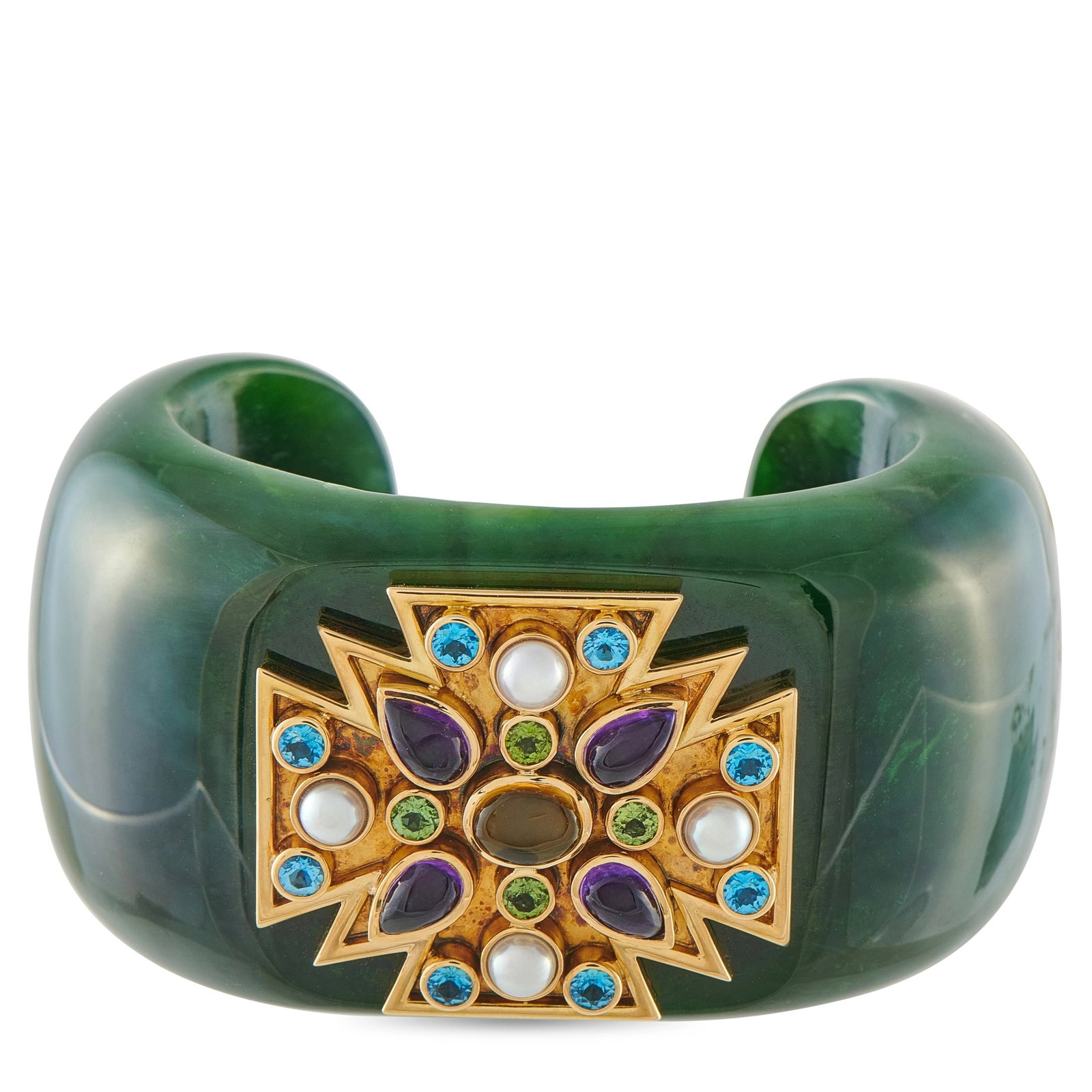 Verdura 18K Yellow Gold Nephrite Multi-Gemstone Maltese Cross Cuff Bracelet: This bold cuff bracelet by Verdura is carved from rich green nephrite jade and centered with an 18K yellow gold Maltese cross motif set with a multi-gem array of cabochon amethyst, faceted blue topaz,