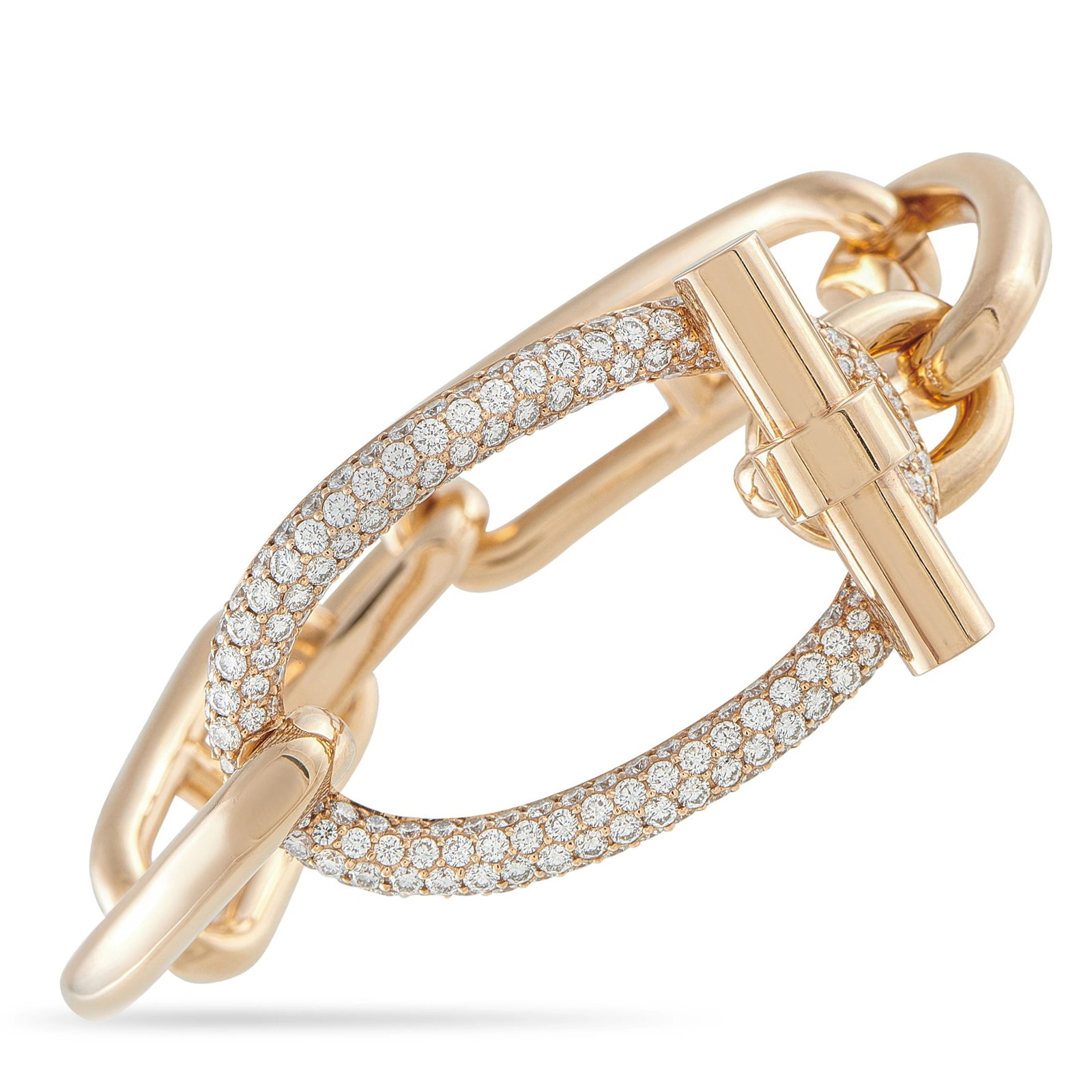 Hermes Hermès Adage 18K Rose Gold 5.50ct Diamond Bracelet: This Hermès Adage bracelet is crafted in 18K rose gold with the brand’s signature link chain design, accented by a pave diamond loop totaling approximately 5.50 carats and finished with a polished 
