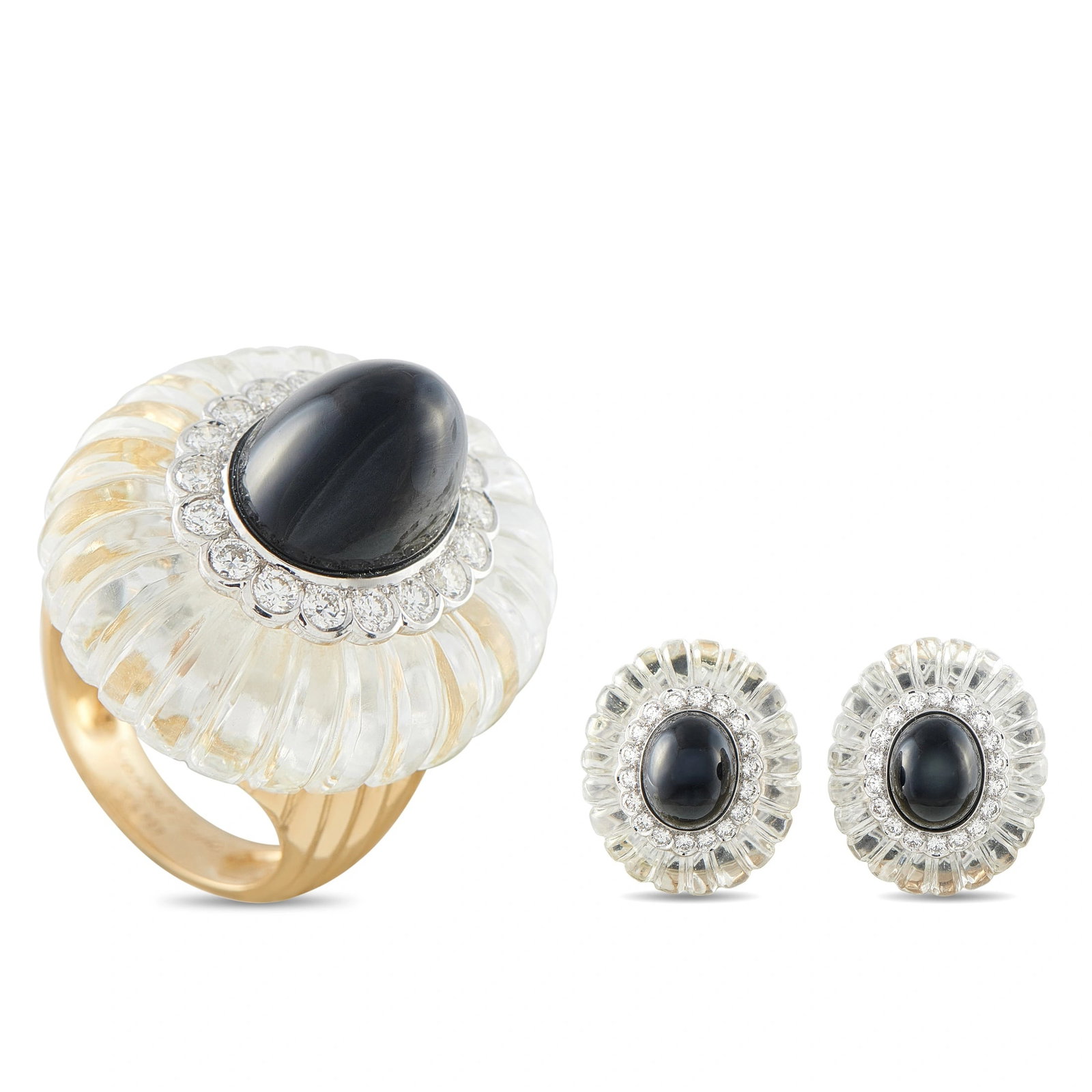 Cartier 18K Yellow Gold 2.70ct Diamond Rock Crystal and Onyx Earrings: This vintage Cartier suite includes a cocktail ring and a pair of matching clip earrings, each crafted in 18K yellow gold and set with a fluted rock crystal dome centering a cabochon black onyx, frame