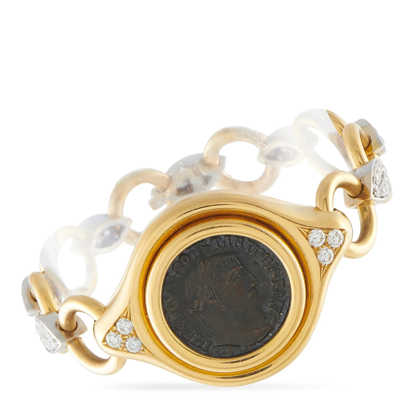 Bvlgari Monete 18K Yellow Gold 1.80ct Diamond Ancient Coin Bracelet: This Bvlgari Monete bracelet is crafted in 18K yellow gold, centering an authentic ancient bronze coin depicting Constantine I (306-337 AD), struck in Alexandria of Egypt, within a diamond-set surroun