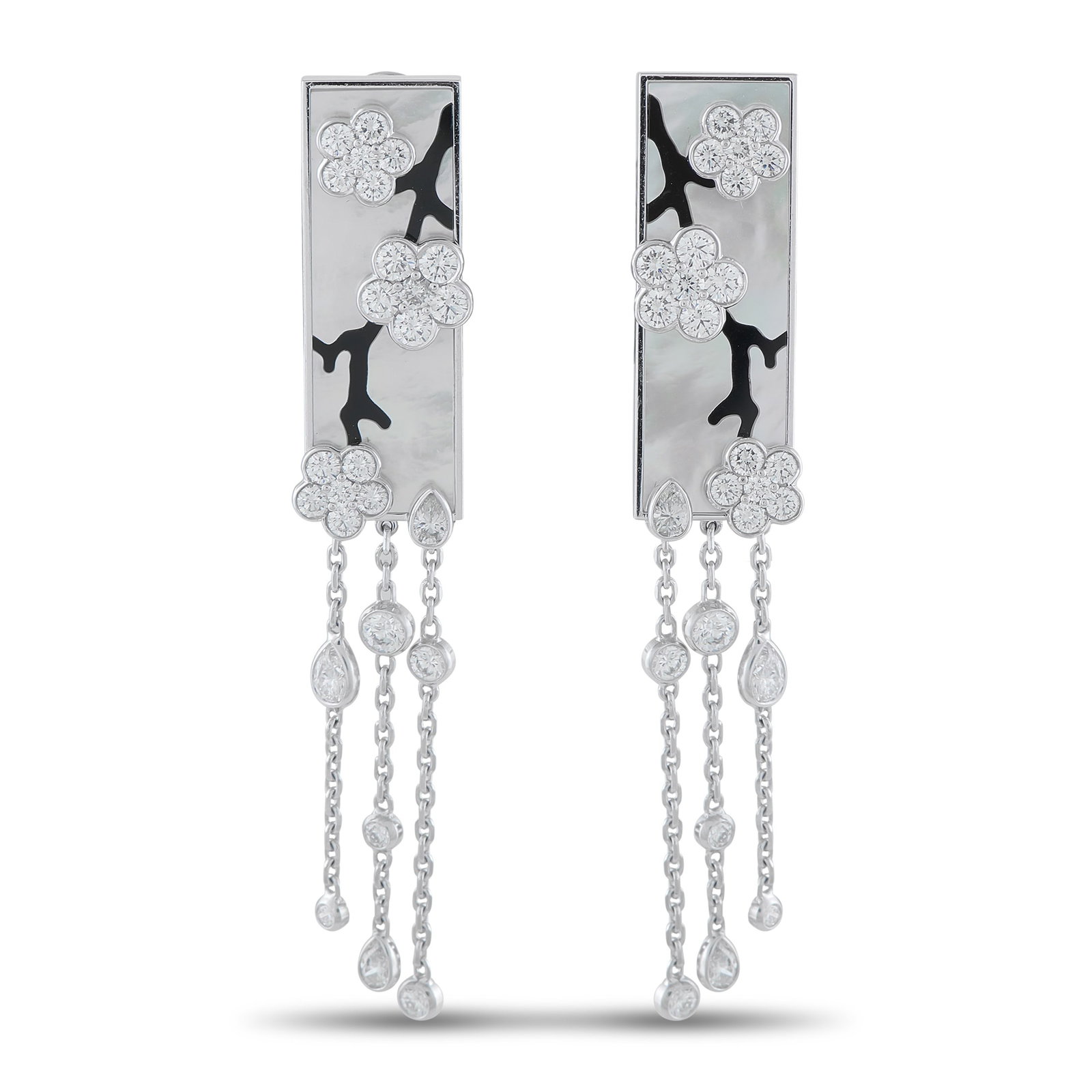 Van Cleef & Arpels Miroir Des Eaux 18K White Gold 4.50ct Diamond, Onyx, and Mother of Pearl Earrings: These Van Cleef & Arpels Miroir Des Eaux earrings are meant to depict the vision of cherry blossoms reflected on water. Diamonds with a total weight of 4.50 carats accent the floral motifs and cascade