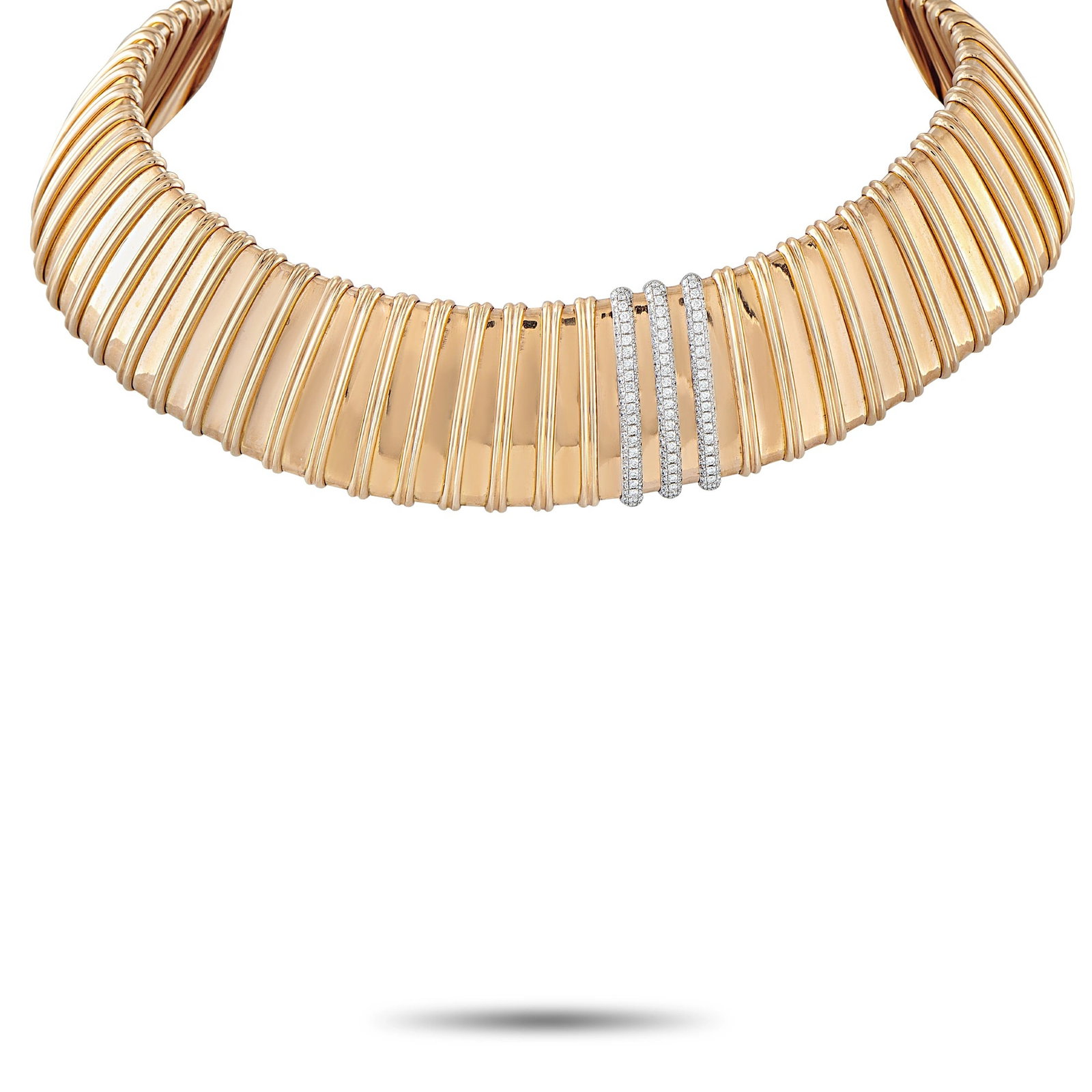 Roberto Coin 18K Yellow Gold 1.98ct Diamond Collar Necklace: This estate collar necklace by Roberto Coin is crafted in ribbed 18K yellow gold in a tubogas-style design, accented by a row of pave-set round brilliant diamonds totaling approximately 1.98 carats se