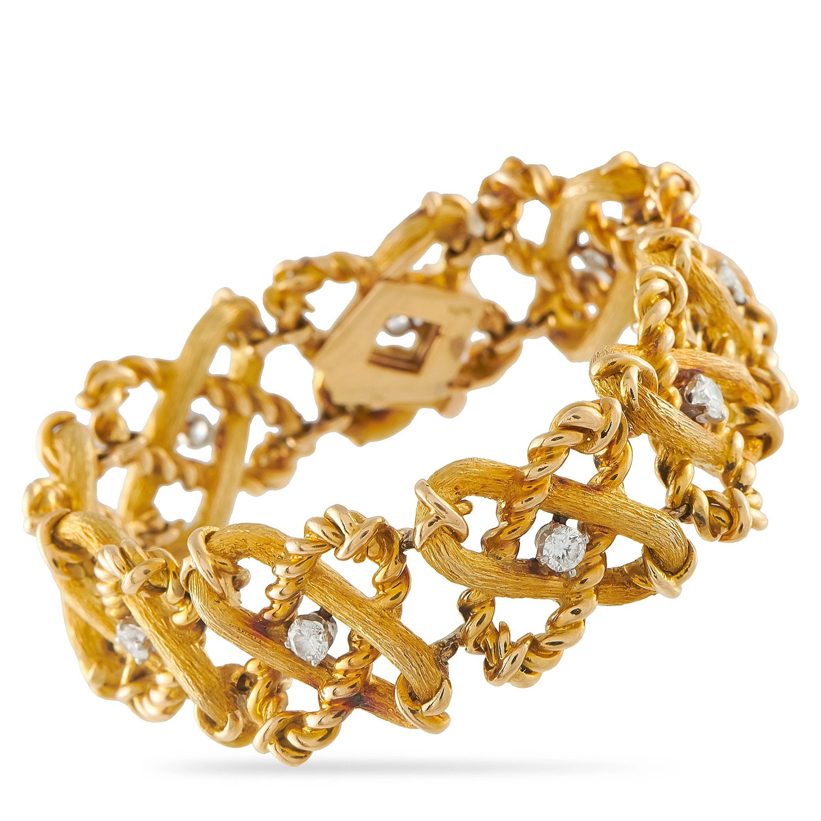 Tiffany & CO. Schlumberger 18K Yellow Gold 1.50ct Diamond Bracelet: A distinguished collector’s estate 18K yellow gold bracelet by Jean Schlumberger for Tiffany & Co., composed of interlaced openwork lattice links with alternating brushed and polished rope-twist bor